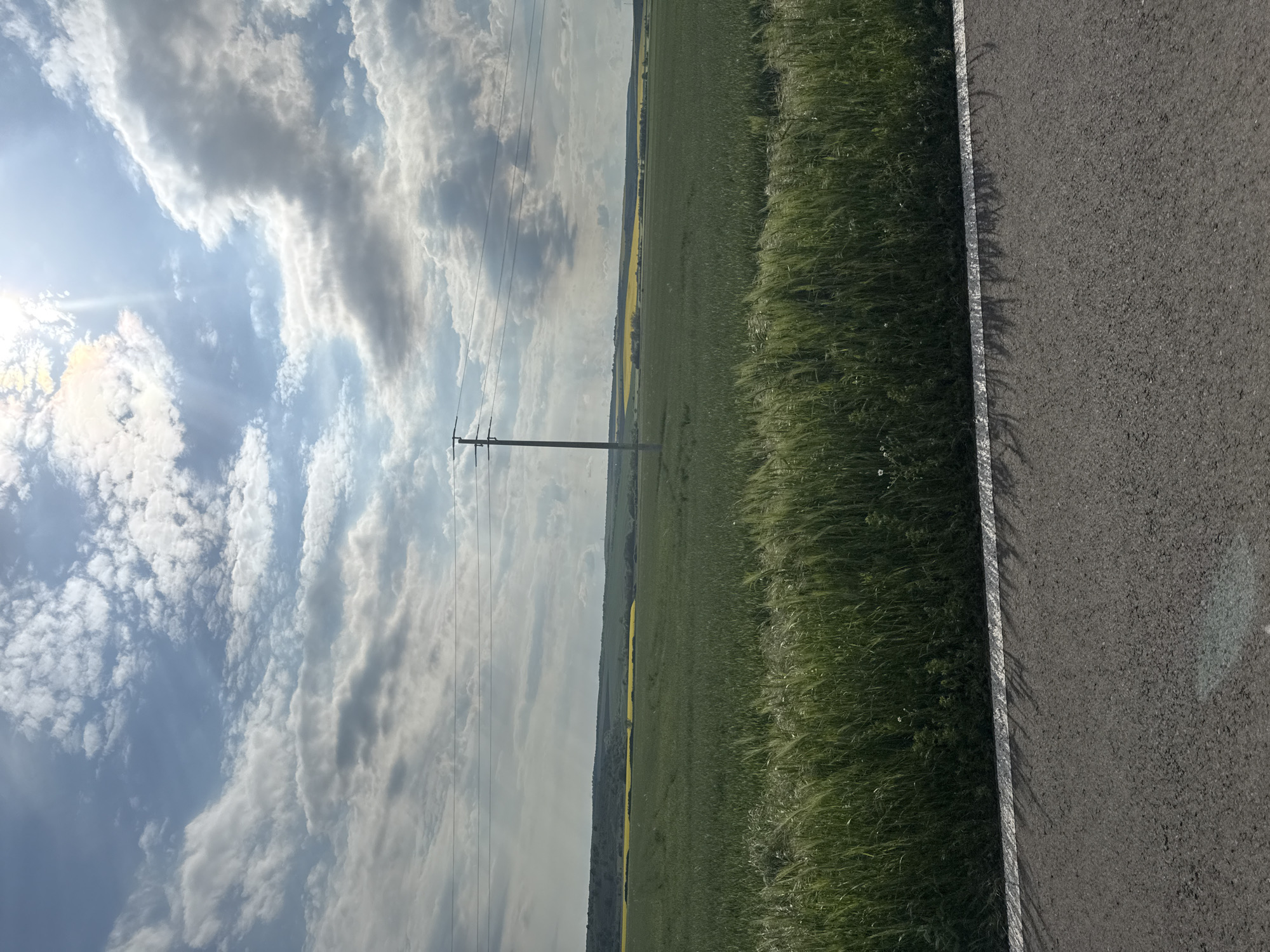 The image presents a landscape with a prominent sky featuring white clouds and the sun. Below the sky, there is an extensive green field with a strip of yellow flowers. A utility pole with visible power lines stands in the field. Adjacent to the field, there's a paved road. The image orientation is unusual, being rotated 90 degrees clockwise. The location is likely near a rural area in Livada, Bulgaria, based on the landscape features. No people are visible in the image.