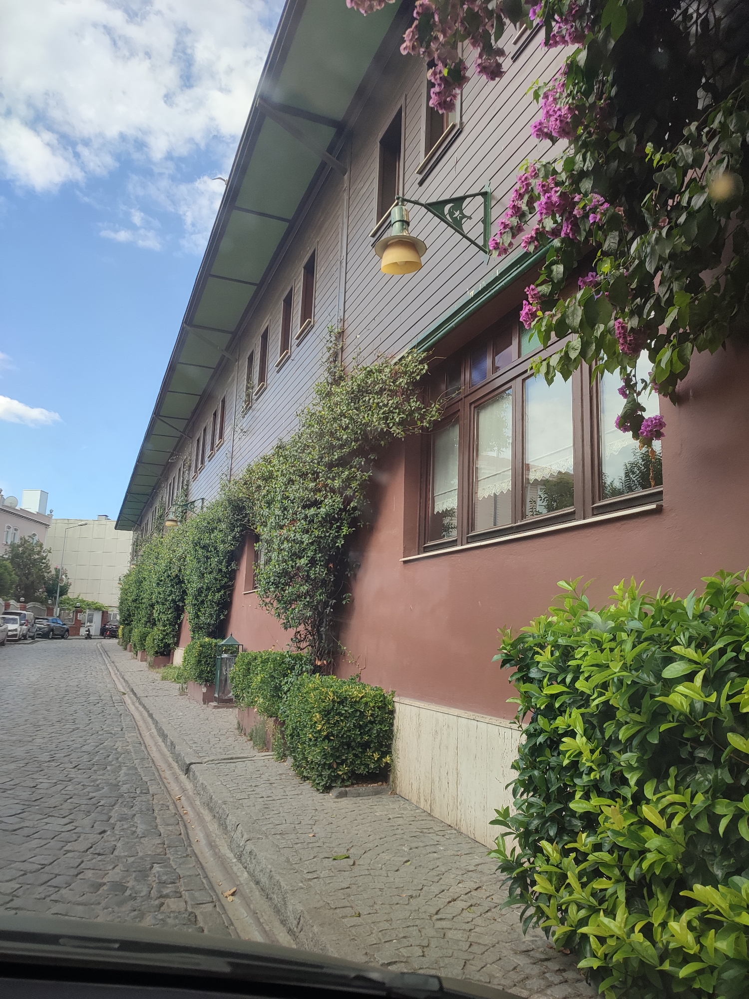 The image shows a street view in Istanbul, Turkey. The street is paved with cobblestones, and a building with a brown facade and grey wooden siding runs along one side. The building has several windows with dark frames, and some are adorned with white lace curtains. Green ivy climbs up the side of the building, and vibrant pink bougainvillea flowers hang from above. A row of neatly trimmed green bushes lines the sidewalk in front of the building. Further down the street, parked cars are visible on the left side, and other buildings can be seen in the background. The sky is blue with scattered white clouds. A lamp fixture is mounted on the side of the building.