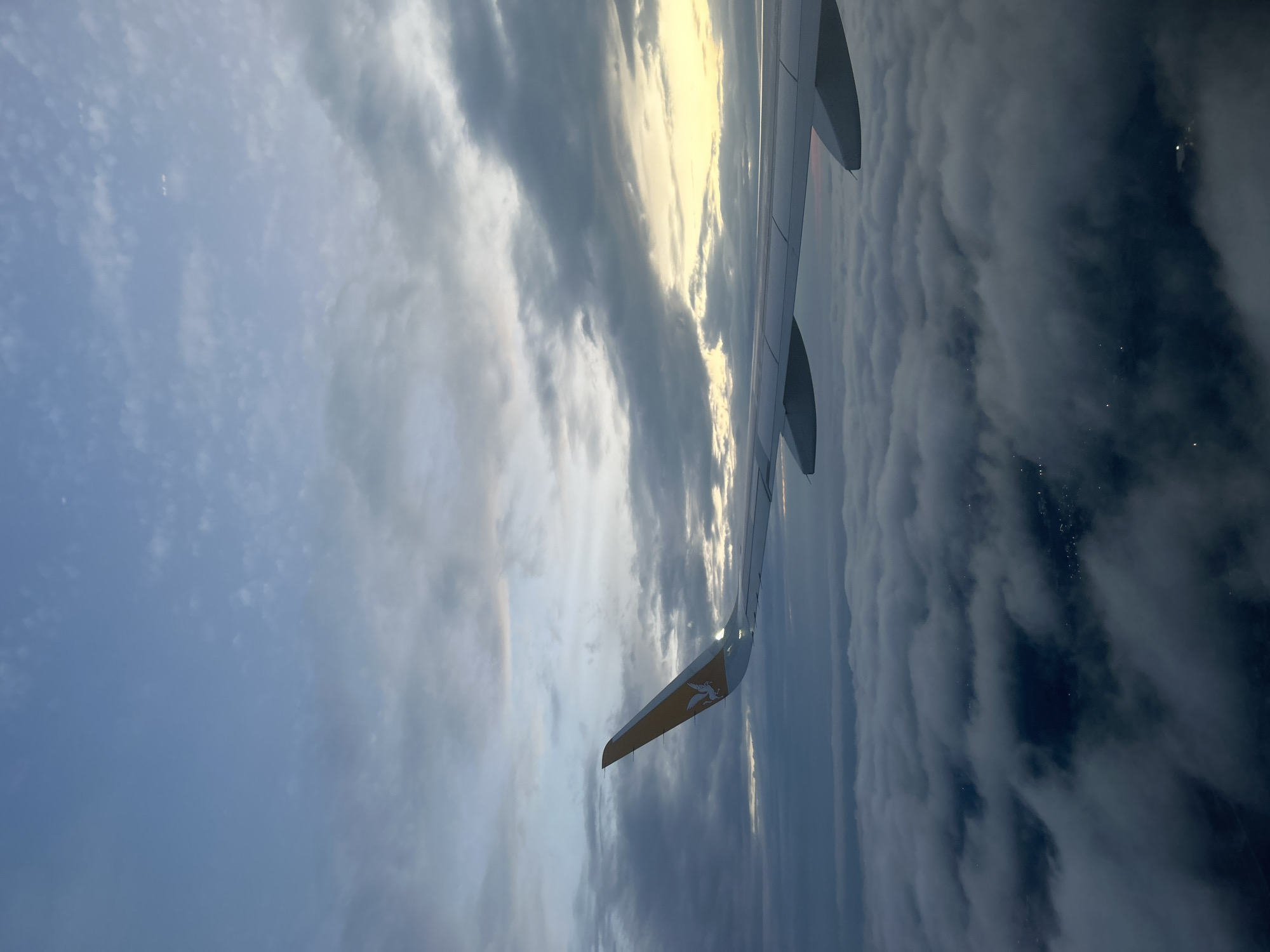 The image shows an airplane wing in flight, with clouds visible in the sky. The wing has a yellow tip with a white logo of a Pegasus on it. The sky is cloudy with varying shades of gray and some sunlight peeking through. Below the clouds on the right side of the image, lights are visible, suggesting a city below.
The image does not provide enough information to precisely pinpoint the location within Saint Petersburg, Russia.