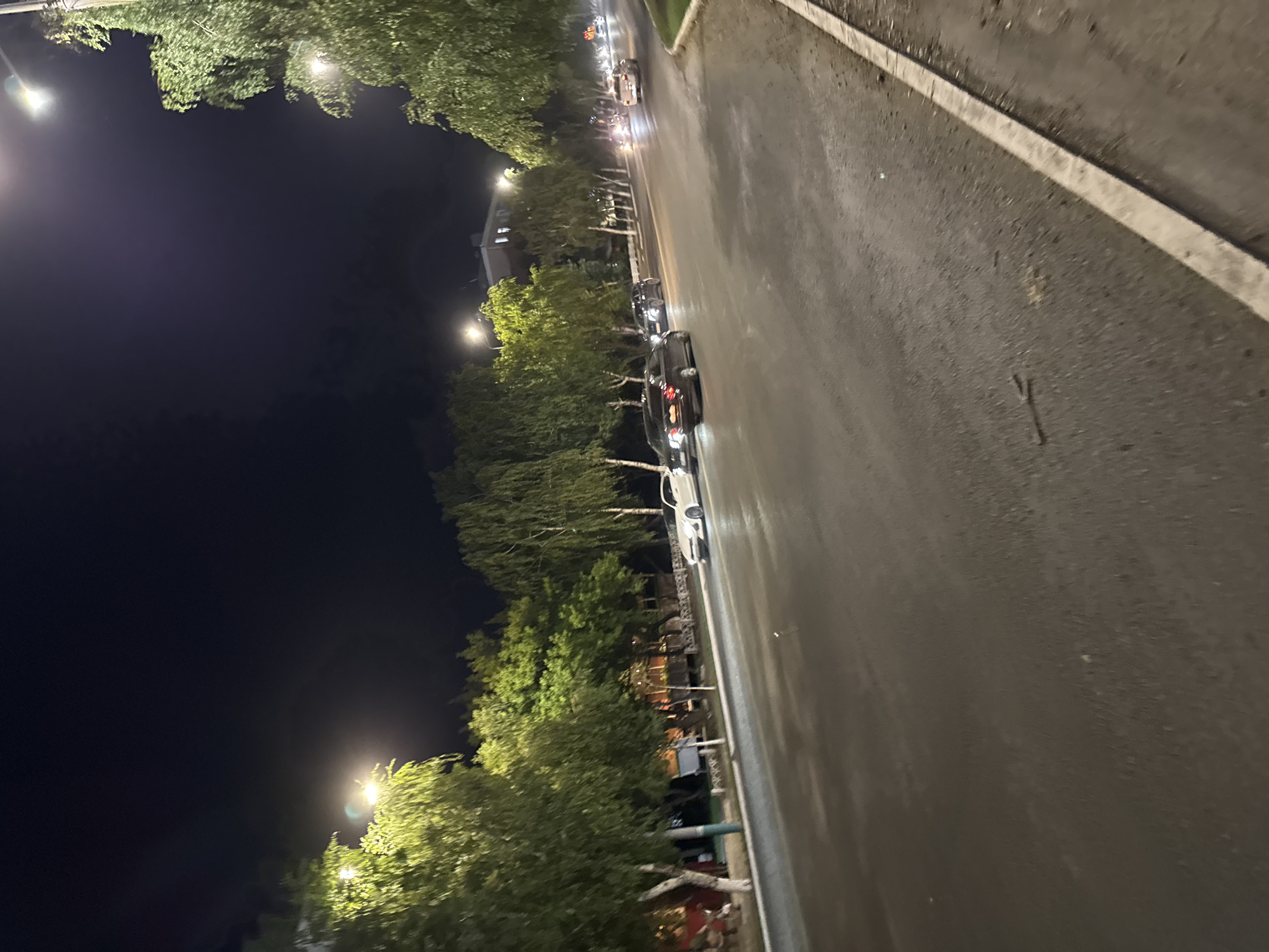 The image depicts a street scene at night in Oskemen, Kazakhstan, likely on a slightly damp asphalt road. The sky is dark, indicating nighttime, with streetlights illuminating the area. Several cars are visible on the road, some in motion and others parked. Trees line the side of the street, their foliage illuminated by the artificial lights, casting shadows. In the background, a multi-story building with illuminated windows suggests urban development. The overall impression is of a typical urban environment at night, with the presence of traffic and vegetation.