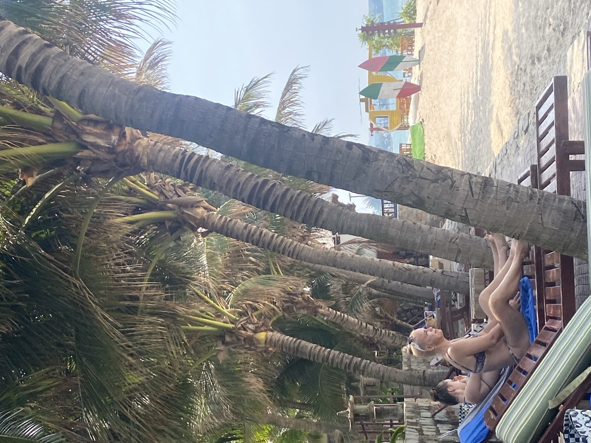 In Phu Thuy Ward, Vietnam, two women are relaxing on lounge chairs on a sandy beach, shaded by palm trees. One woman, with blonde hair pulled back and sunglasses on her head, is wearing a patterned bikini and is looking to the right. The other woman, with dark hair tied up, is wearing a black bikini and is facing away from the camera, looking to the left. Beach chairs with striped cushions are in the foreground. In the background, a yellow building with a red roof is visible, along with two surfboards standing upright. The ocean and a bright, clear sky complete the scene.