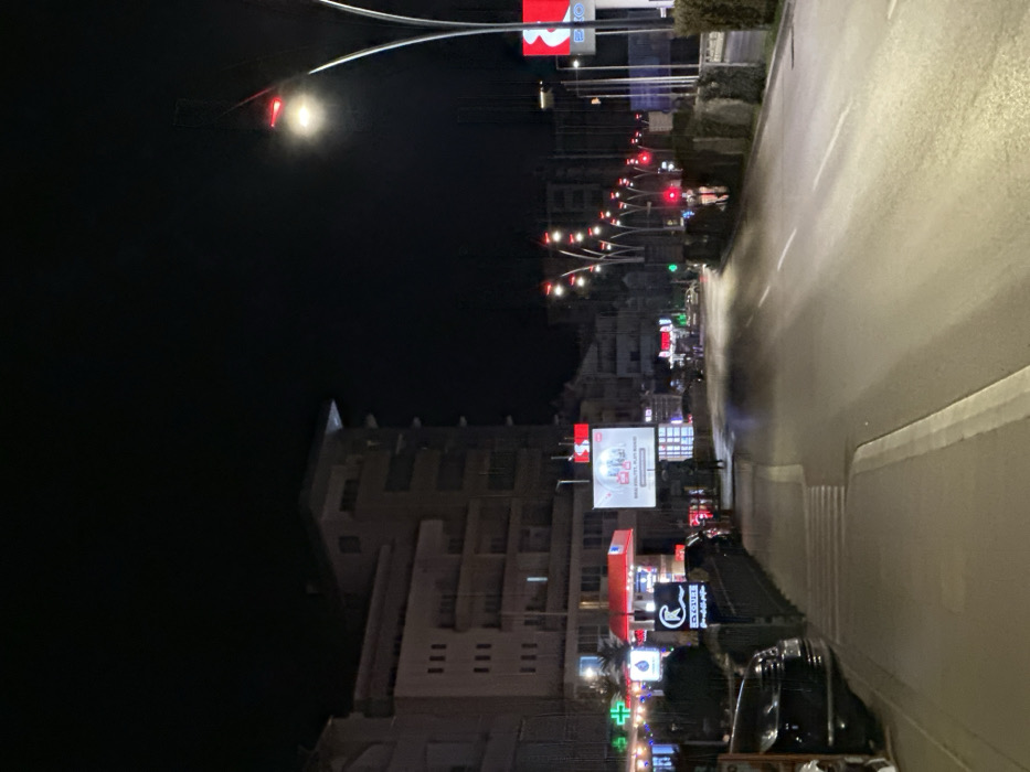 This nighttime image depicts a multi-lane urban road in Budva, Montenegro, illuminated by artificial light sources. The scene is viewed from a slightly elevated perspective looking down the street.
On the left side of the frame, a multi-story building with light-colored facades and numerous small, rectangular windows dominates. Beneath it, a red and white gas station canopy is visible, alongside a prominent green illuminated cross indicating a pharmacy. Several dark-colored vehicles are parked parallel to a sidewalk featuring a crosswalk. A black metal fence separates the parked vehicles from the pedestrian area. Further along the sidewalk, a large, vertically oriented illuminated billboard displays "BUDVA QUALITY. PLAY RANGE." One indistinct pedestrian is visible near the billboard, appearing to walk along the sidewalk.
The paved road occupies the center and right side of the image, showing reflective patches, possibly due to moisture. White lane markings are discernible on the asphalt. A series of decorative streetlights with curved, arching poles and multiple small red glowing elements extends down the right side of the road, leading into the distance. Standard streetlights with bright white lamps are also present. Small, dark green hedges delineate sections of the road or median strips. In the background, additional buildings line the street, and various commercial signs and traffic lights, some displaying red, are visible, contributing to the urban nighttime ambiance. The sky is uniformly dark, indicating a clear night.