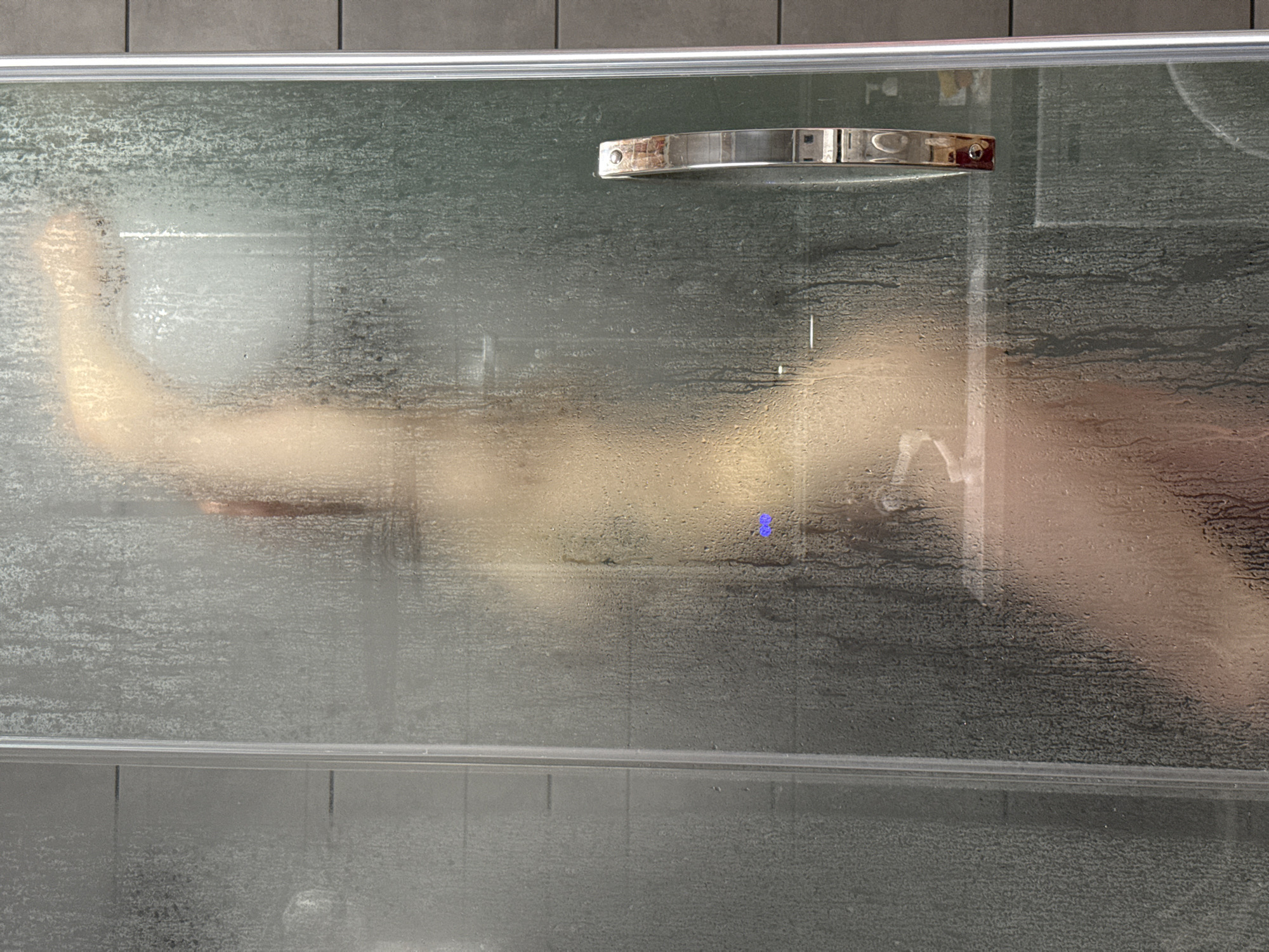 The image shows a frosted glass shower door with a chrome handle. The outline of a nude human figure is visible through the glass, suggesting a person showering. Water droplets are condensed on the glass. The background appears to be a tiled shower or bathroom setting. No information suggests the location is in Chaikovsky, Russia.
