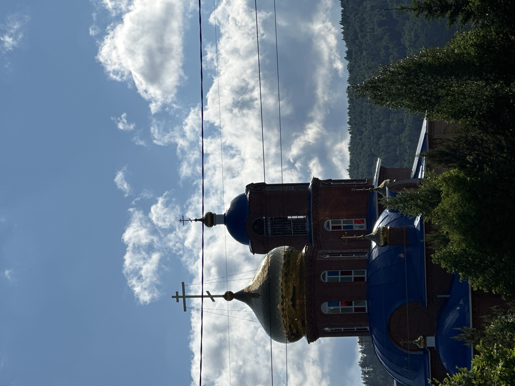 The image depicts a brick building with two domed roofs - one gold and one blue - situated in Unknown, Unknown. The building has arched windows, and crosses atop both domes suggest a religious purpose. Trees partially obscure the right side of the structure. The backdrop features a forested hillside and a cloudy sky. Overhead power lines cut across the top portion of the frame.