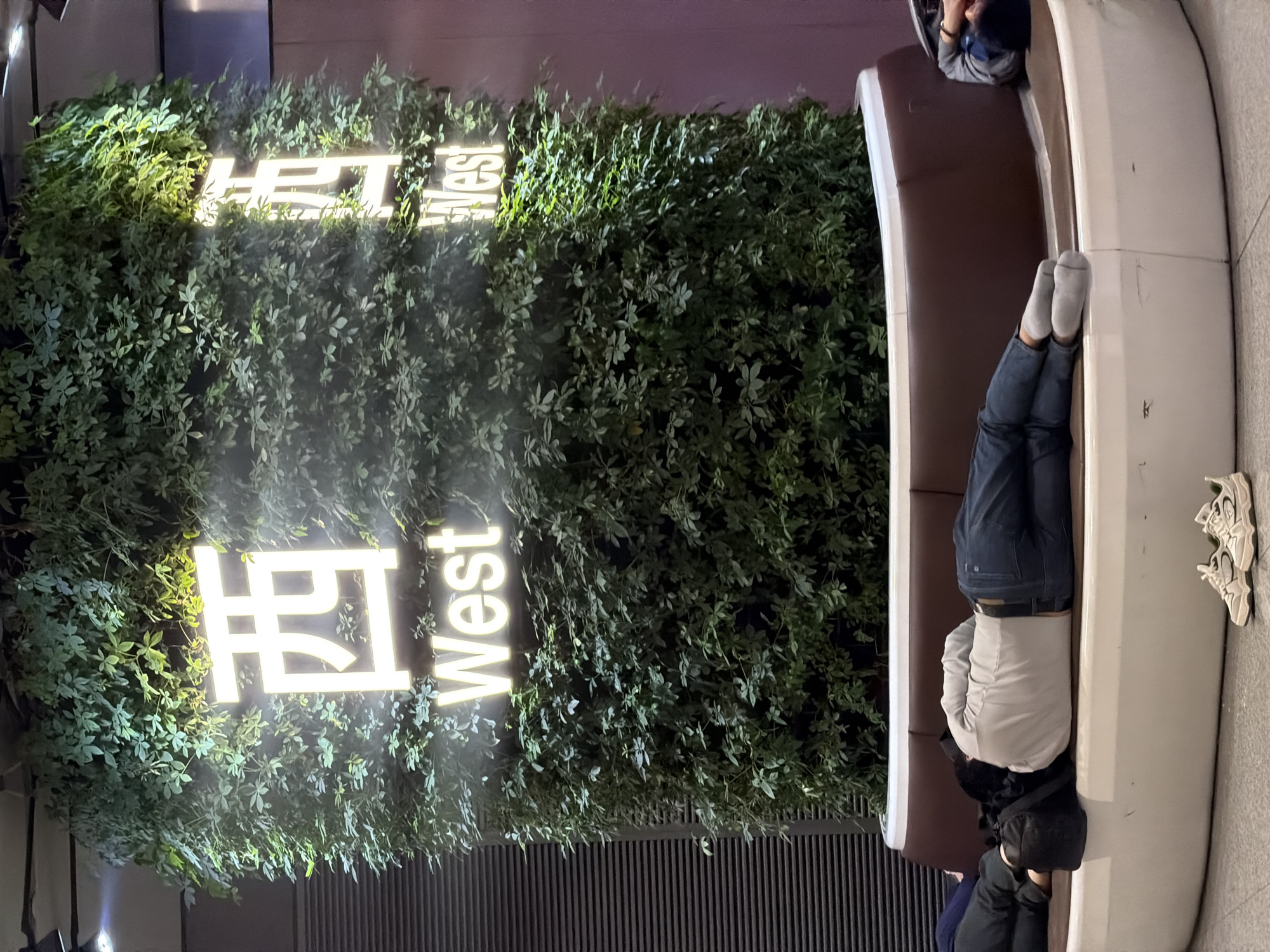 A nighttime scene depicts a person sleeping on a curved, semicircular bench in Langfang, China. The bench is situated next to a vertical wall densely covered with greenery. "West" is written in English and Chinese characters and illuminated by a bright glow on the green wall. The sleeping person is wearing jeans and grey socks, with their head towards the lower part of the bench, their upper body covered with a light-colored garment, and a dark bag nearby. A pair of sneakers lies discarded on the ground next to the bench. Another person is at the other end of the bench, but they are seated and awake.