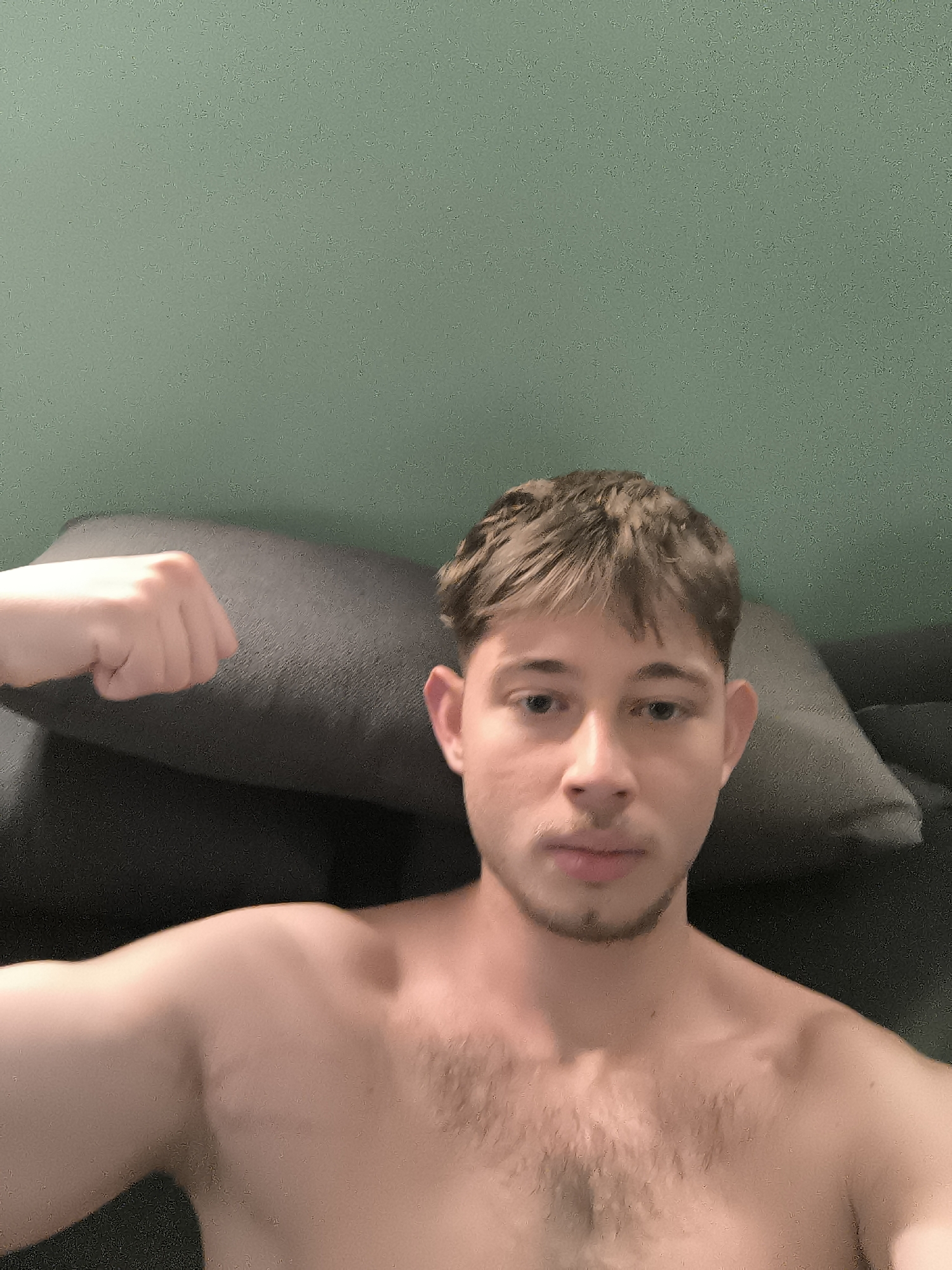 A shirtless young man with short brown hair is posing indoors. He appears to be seated on a dark couch, with a grey pillow behind his head. He is making a fist with his left hand, held out to the side. The background is a light green wall. There is no indication of the city of Sofia, Bulgaria, or any identifiable landmark.
