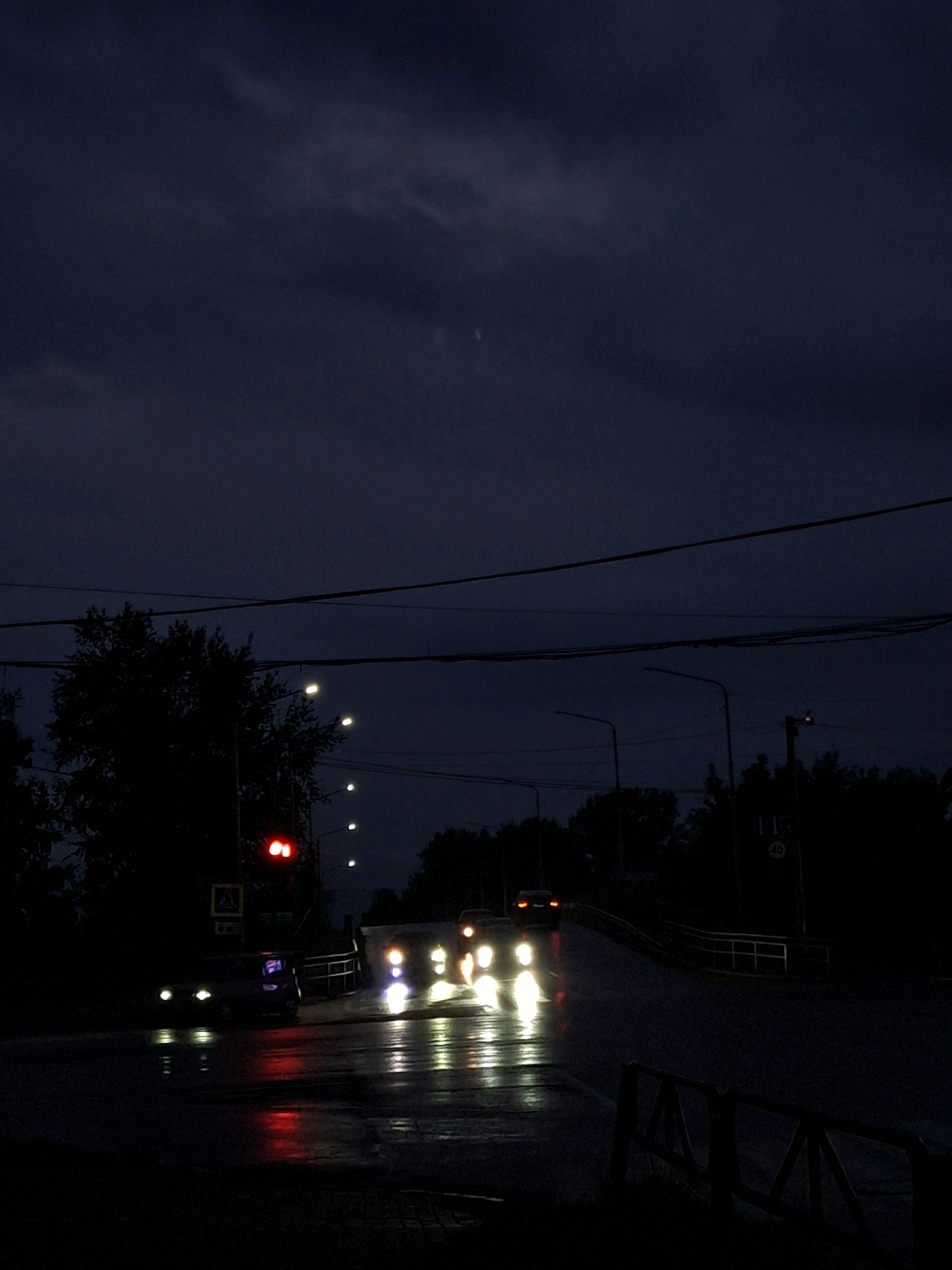 The image depicts a street scene at dusk or night in Chaikovsky, Russia, likely on a road that is wet from recent rain, as evidenced by the reflections on the asphalt. The sky is dark with some cloudy texture. Several cars are visible, their headlights illuminating the wet road and creating streaks of light. One car in the foreground appears to have its headlights and taillights on. A traffic light is red, located near a pedestrian crossing sign. Streetlights are also visible, emitting a yellow glow. Silhouettes of trees line the sides of the road, and power lines are strung across the upper portion of the frame. A guardrail is present on the right side of the road. The overall impression is of a quiet, somewhat moody urban evening.