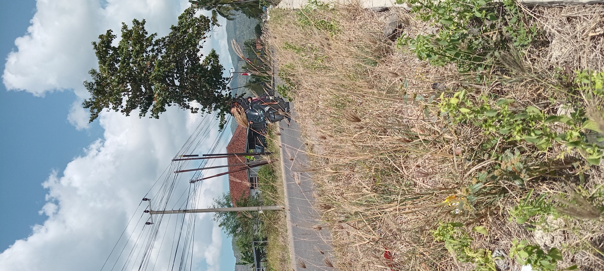 A person rides a motorcycle on a paved road in Karangpawitan, Indonesia. The motorcycle is black, and the rider is wearing a helmet and a dark jacket. The road is flanked by dry, tall grass and some green foliage. In the background, there are utility poles with many wires, a house with a red tile roof, and a large tree. Further in the distance, hills are visible under a partly cloudy sky. The scene appears to be a rural or semi-rural area.
