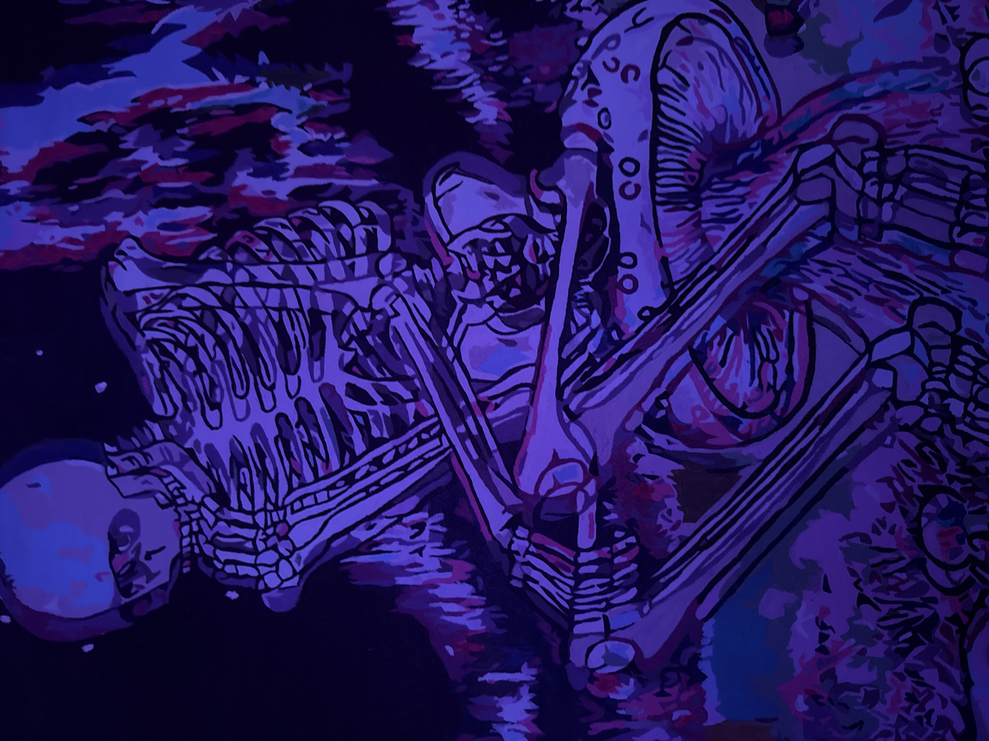 The image is a painting of a skeleton in a seated, contemplative pose, illuminated by purple and blue light. The skeleton's hands are clasped near its chin, suggesting thought or introspection. The background is abstract and rendered in similar purples, blues, and pinks, with a textured appearance that could represent foliage or a more abstract environment. There are no people, actions, or interactions depicted in the painting itself. The style is illustrative, with strong outlines and flat areas of color. The painting is not located in Pudomyagi, Russia.