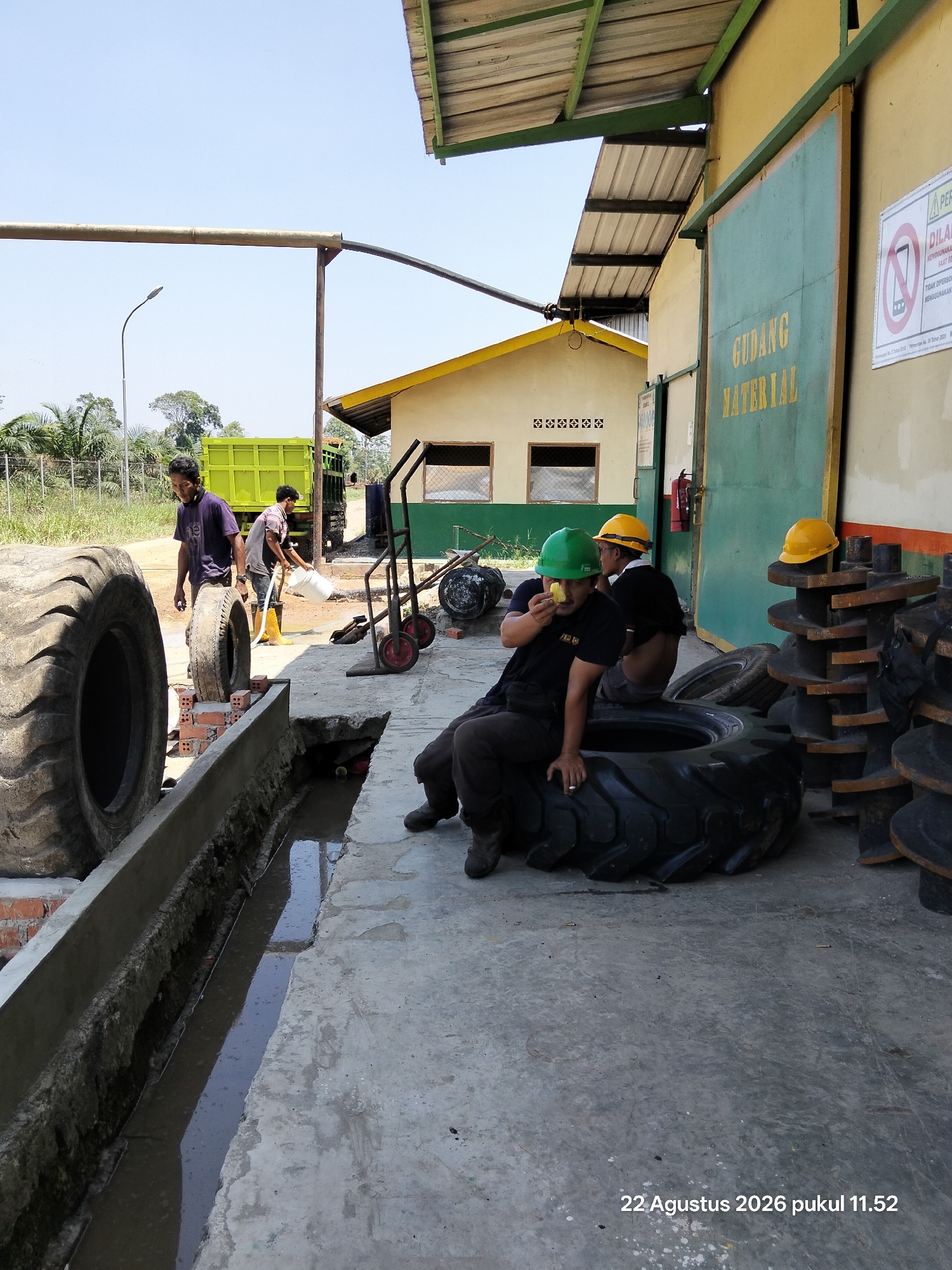 This is a medium shot, exterior, daytime photograph taken at a facility in an unknown city in Indonesia. The scene appears to be a storage or maintenance area for large tires and industrial equipment. The foreground is dominated by several large truck tires, one of which is partially submerged in a dirty concrete ditch running along the ground. Two men are seated on top of a large tire in the center of the frame. The man on the left wears a green hard hat and a dark t-shirt, and is holding a piece of yellow fruit to his face. The man on the right wears a yellow hard hat and a dark t-shirt, with his back mostly to the camera.
In the background, a bright green dump truck is parked. Two other men are visible near the truck. One man, wearing a dark purple t-shirt, is standing and looking towards the tires. The other man, wearing a plaid shirt and yellow boots, is pouring water from a white bucket. Further back, a building with a yellow roof and green doors is visible, with a sign that reads "GUDANG MATERIAL" in yellow lettering. Another building, possibly an office or workshop, is to the left of the material warehouse. Industrial equipment, including metal racks and what appear to be parts of machinery, are stacked to the right of the men on the tire. The environment is outdoors with clear blue skies, indicating a sunny day. The ground is primarily concrete, with some patches of grass and dirt visible in the distance. A metal pipe and a street lamp are also present in the scene. The date "22 Agustus 2026 pukul 11.52" is visible in the lower right corner of the image, suggesting this is a timestamped photograph.