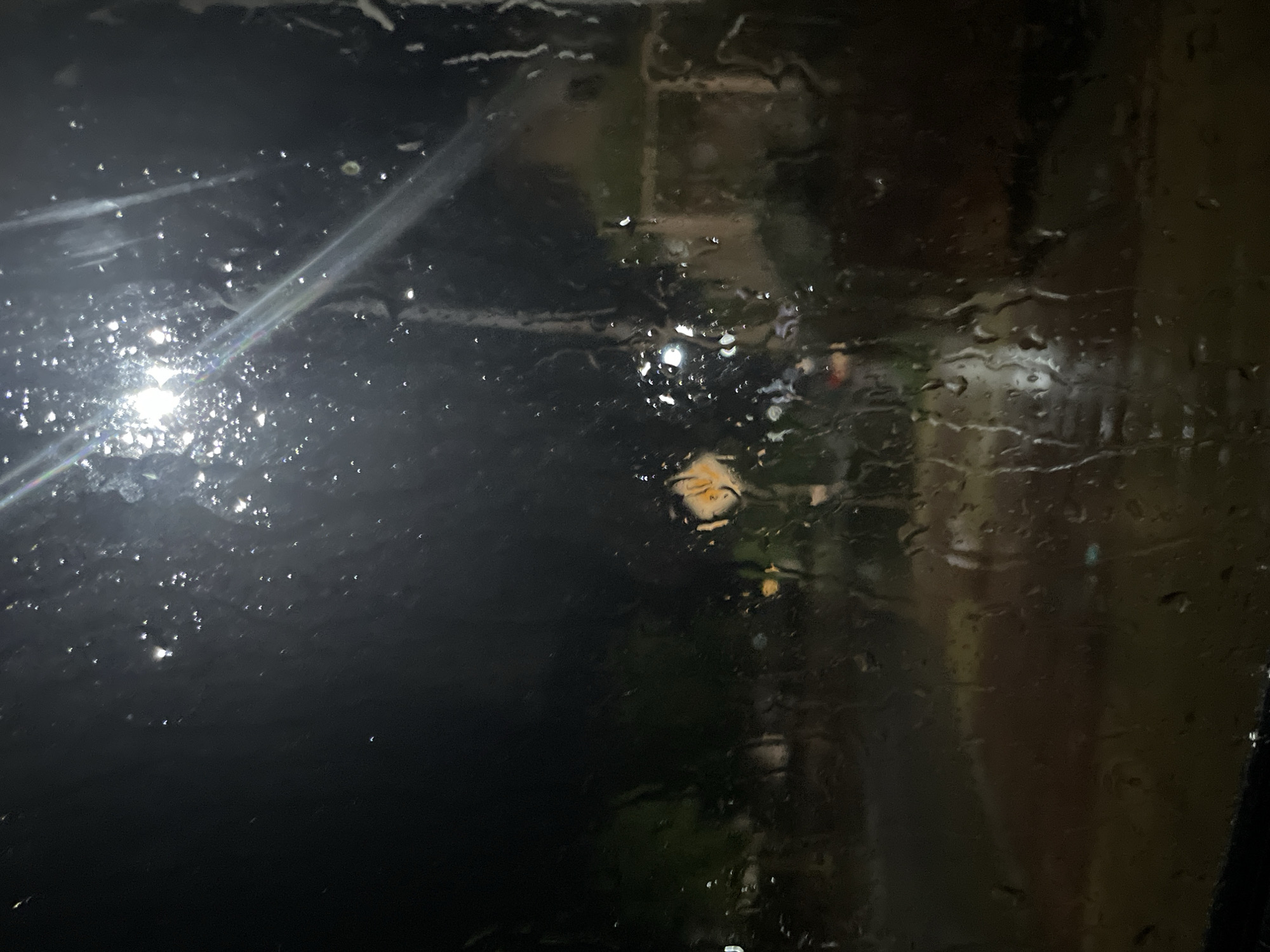 The image shows a rain-streaked window at night, with a blurred reflection of an outdoor scene. Light reflecting off the wet surface creates numerous bright spots on the glass. Through the distortions caused by the rain, building exteriors and lights can be discerned, though the details are unclear. Based on the location information, the scene is in Zlatograd, Bulgaria, but specific landmarks or people are unidentifiable due to the image quality.