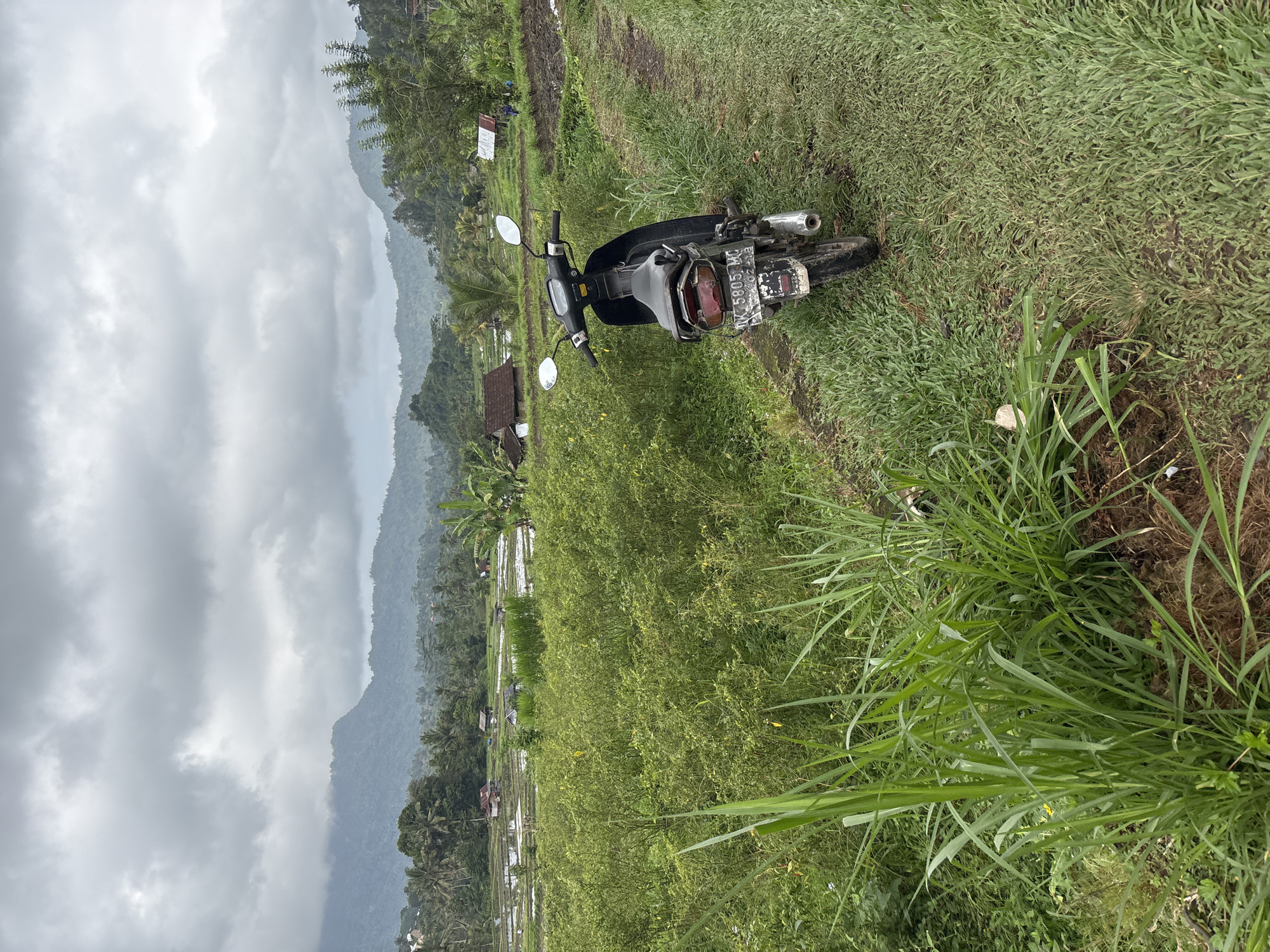 In Sidemen, Indonesia, a black motorcycle is parked on a dirt path next to a lush green field. The motorcycle, facing away from the viewer, displays a license plate reading "DK 5805 KG". In the background, terraced rice paddies reflect the overcast sky, and small houses with pitched roofs dot the landscape. Rolling hills and lush vegetation lead to misty mountains under a cloudy sky. The foreground is dominated by tall green grass and dense foliage.