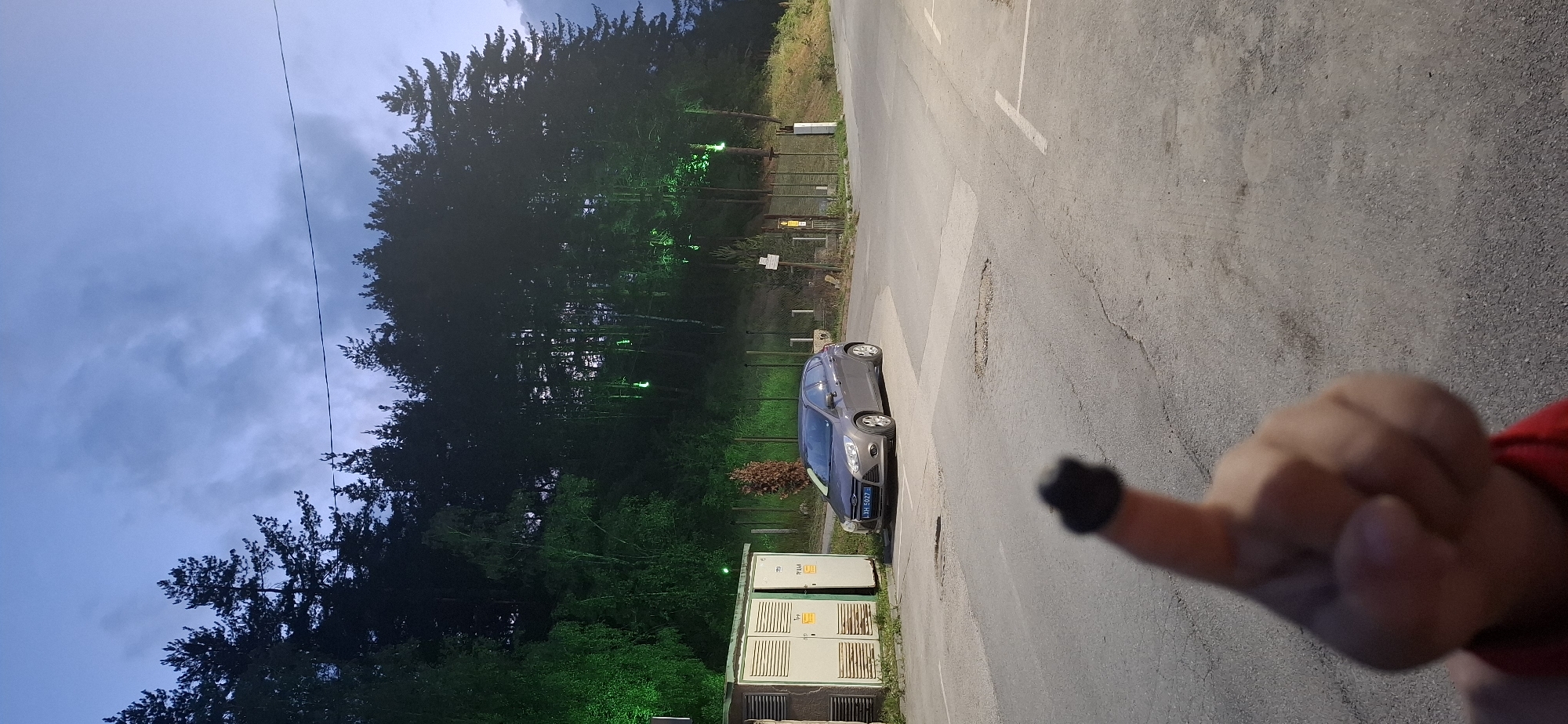 The image depicts an outdoor scene at Bania, Plovdiv Province, Bulgaria, consistent with dusk or early morning given the ambient light and artificial illumination.
In the blurred foreground, a human hand is visible, likely a right hand, with the index finger raised and pointing upwards. A small, dark, irregular object rests on the tip of the extended finger. A hint of red fabric is visible at the bottom edge.
The midground features a grey paved asphalt road exhibiting cracks and minor potholes. A grey Ford Focus hatchback, identifiable by its front profile, is parked facing the camera on the left side of the road. Its Bulgarian license plate, "LXH 5027," is clearly legible, indicating registration in the Plovdiv region. To the left of the vehicle are two light-colored utility cabinets with horizontal vents; the rightmost cabinet's door is slightly ajar. On the right side of the road, white parking lines are painted on the asphalt. Further right, a metal fence runs along the edge of an ascending grassy slope, with a small, dry brown shrub located near the fence line. A yellow sign is affixed to a pole adjacent to the fence, its text unreadable.
The background is dominated by a dense hillside covered with tall coniferous trees, primarily pines. Several of these trees, particularly on the left and central-right, are adorned with distinct green lights, creating illuminated spots within the forest. The sky above is a cloudy blue-grey, and a thin, dark wire (possibly a power line or communication cable) stretches horizontally across the upper mid-section of the sky.