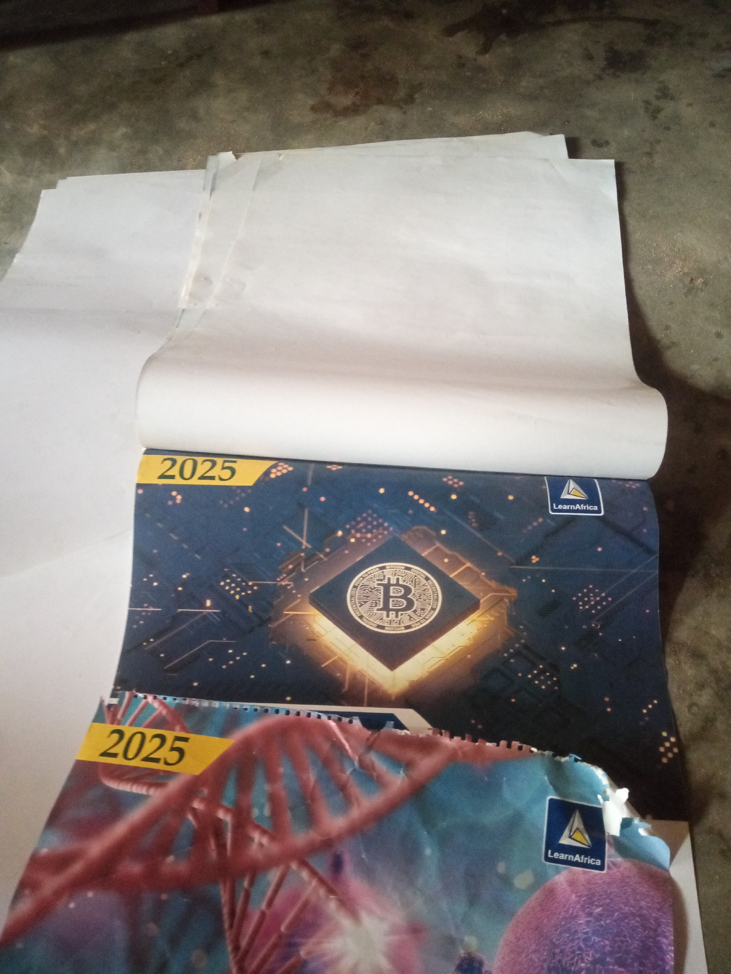 An overhead, slightly angled shot shows a close-up of a 2025 calendar lying on a concrete floor. The calendar is open, revealing two pages. The top page displays a blue, starry background with circuit board patterns and a large Bitcoin logo in the center. The bottom page has a pink and purple DNA strand graphic. A yellow strip with "2025" printed in black is visible on both pages. A "LearnAfrica" logo is also present on the top right corner of the Bitcoin page and the bottom right corner of the DNA page. The calendar appears to be a spiral-bound wall calendar. The concrete floor is rough and textured. The background is blurred, but it appears to be an indoor setting with some light sources casting shadows.