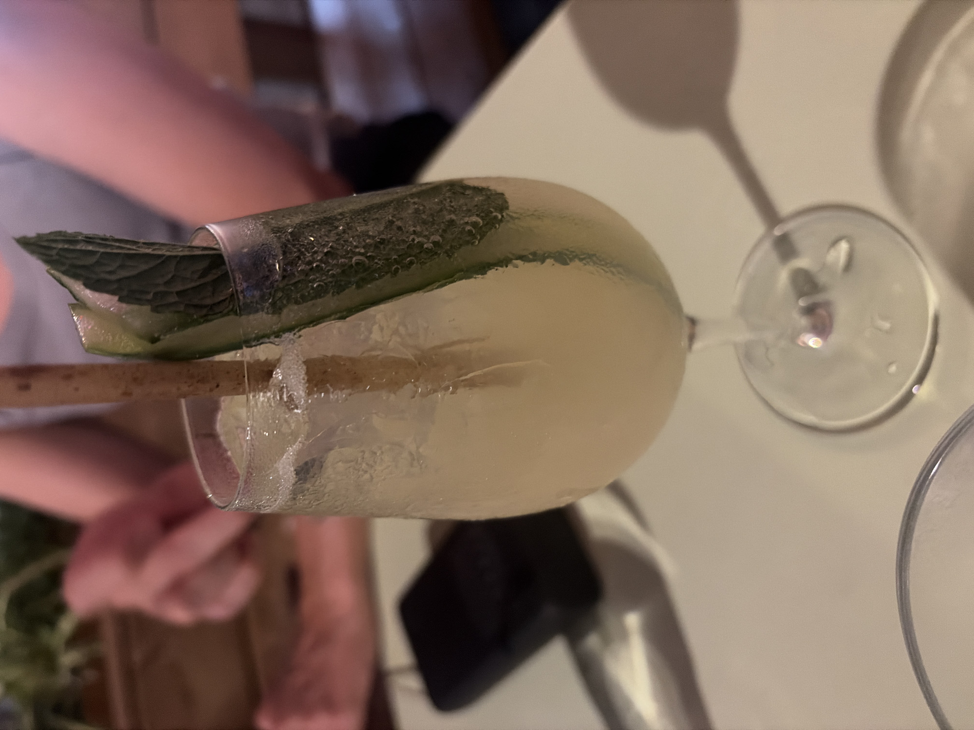 A close-up, slightly blurry, eye-level shot captures a tall, stemmed glass filled with a pale yellow, translucent beverage. The glass is frosted with condensation. Inside the drink, ice cubes are visible along with a light brown, cylindrical object, likely a straw, and a thin slice of cucumber garnished with a sprig of mint. The drink is positioned on a light-colored, possibly white, table. In the background, out of focus, are parts of two individuals, one with pinkish skin visible on their arm and torso, and another with similarly colored skin on their arms and hands. A dark rectangular object, possibly a mobile phone, is visible on the table to the left of the glass. The environment appears to be a restaurant or bar, with hints of green foliage in the upper left corner. No specific landmarks or street views are discernible to place this image in Montreal, Canada.