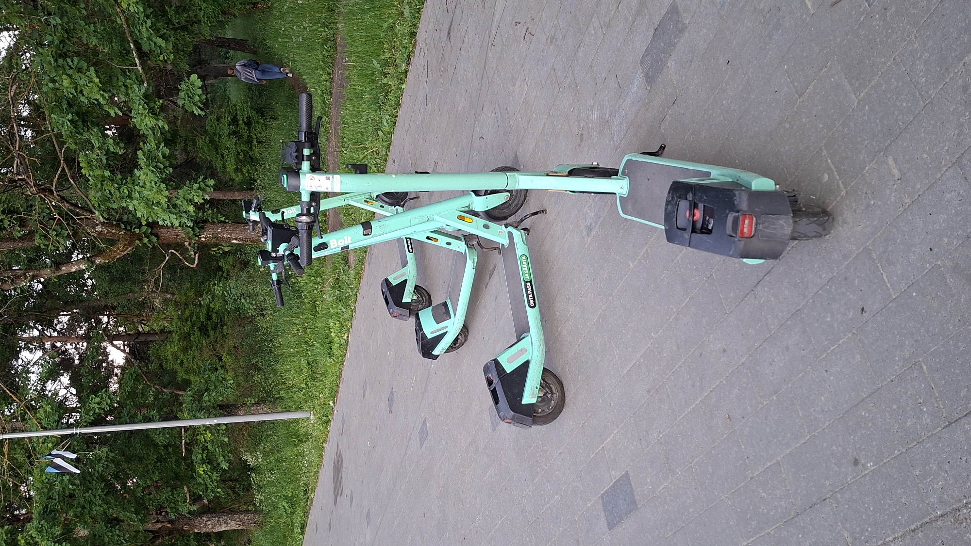 A street scene in Tallinn, Estonia, features three mint green electric scooters lined up on a paved walkway. The scooters are parked next to a grassy area with trees, and a person is walking away in the background on a path leading into the trees. The Estonian flag is visible on a flagpole to the left of the frame. The pavement is made of rectangular stone slabs. The scooters have "Bolt" branding on their stems. One scooter has text on its footboard that reads "OSTA PASS JA SÄÄSTA." The scene appears to be during daylight hours.