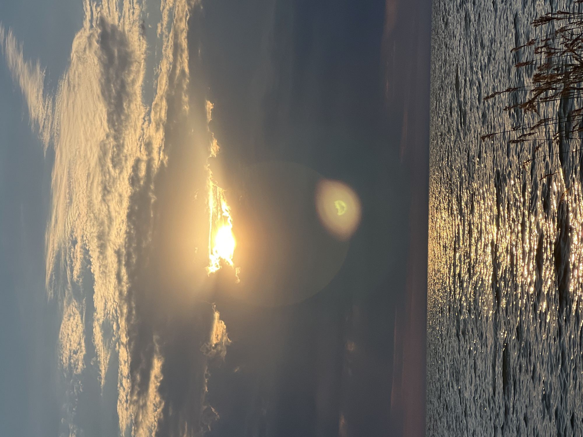 This is an image of a body of water with the sun setting or rising. The sun is partially obscured by clouds, creating a dramatic effect with rays of light shining through. The water reflects the sunlight, creating a shimmering effect. In the foreground, there are some reeds or tall grasses growing along the edge of the water. The sky is a mix of blues, grays, and yellows from the sun and clouds. The location is identified as Borovoe, Russia. There are no people or specific objects other than the natural elements visible in the image. The overall scene depicts a natural landscape at dusk or dawn.