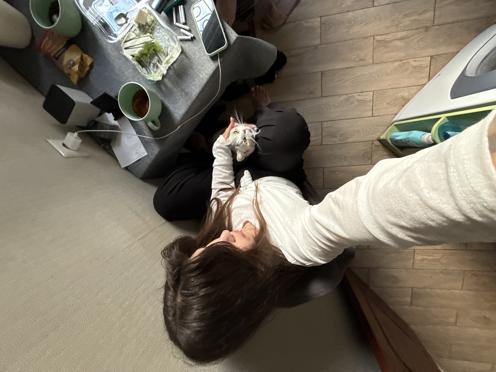 An overhead, high-angle shot shows a person sitting with a cat. The person, with long, dark brown hair and wearing a white long-sleeved shirt and black pants, is looking down and petting a light-colored cat with yellow eyes. The cat is on the person's lap and looking up. In the background, a table is visible with a grey tablecloth. On the table are two green mugs, one containing a dark liquid, and a clear plastic container with food. A cell phone lies on the table next to a power outlet and a black charging brick. The floor is covered with light-colored wooden planks. To the bottom right of the frame, a white appliance with a blue accent is visible. The wall behind the person appears to be textured and light-colored.