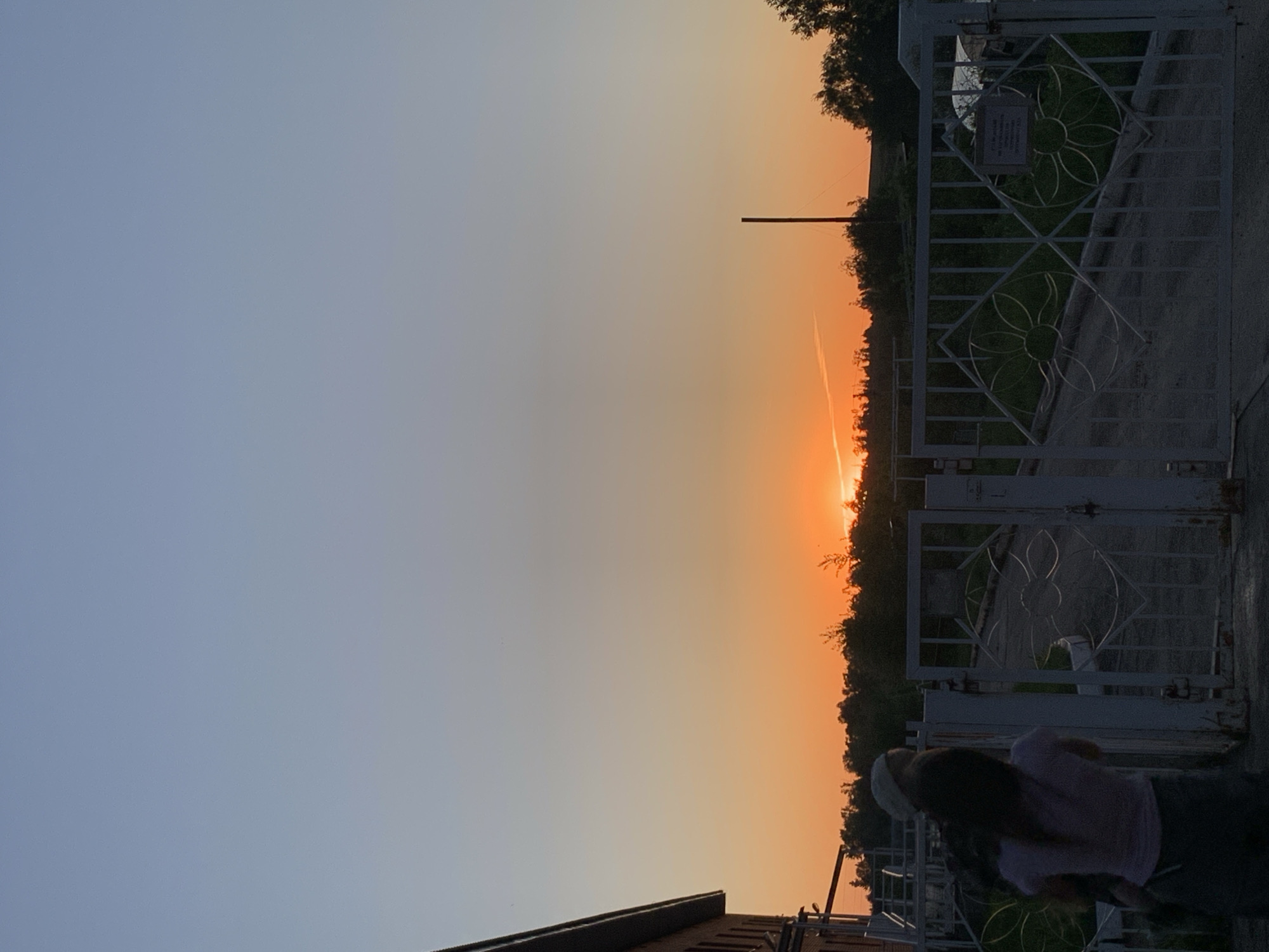 The image shows a person standing near a metal gate at sunset in Фоки, Russia. The sky transitions from blue to orange near the horizon where the sun is setting behind a treeline. A utility pole is visible against the sunset. Part of a building is at the bottom of the frame.