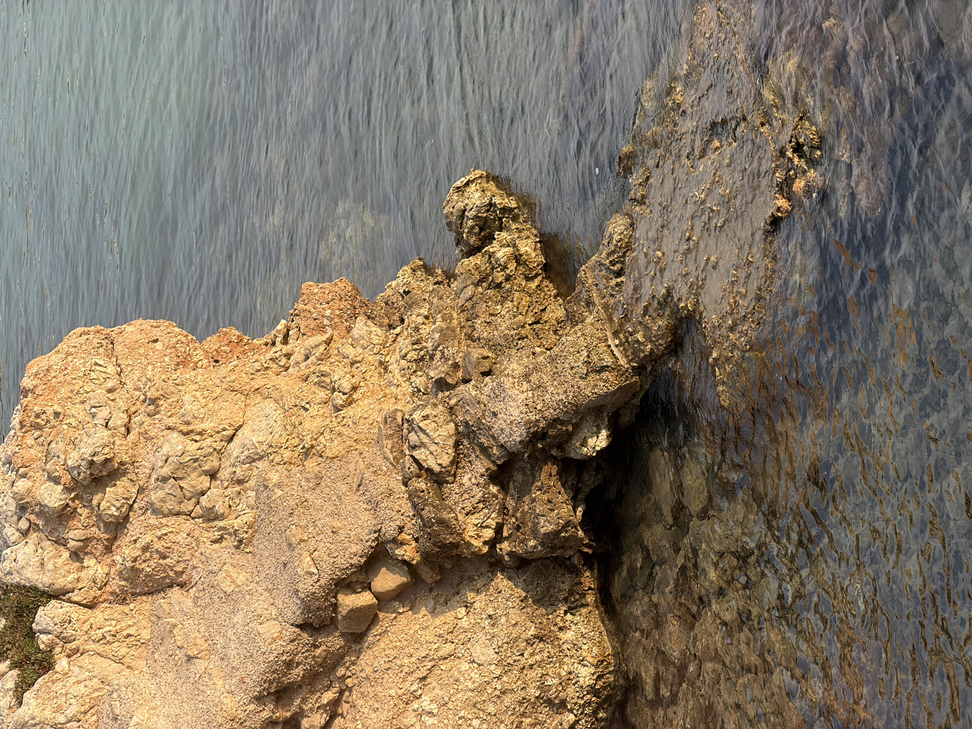 The image depicts a rocky coastline with clear water. The rocks are predominantly shades of brown and orange, with a rough, textured surface. Some vegetation can be seen growing on the upper parts of the rocks. The water is calm, with visible ripples, and its color ranges from a light blue-green to a darker, more transparent hue where it meets the rocks. The lighting suggests it is daytime, with sunlight illuminating the rocks.
While the image shows a natural coastal scene, the specific location in the city of Calvià, Spain, cannot be determined from the visual information alone.