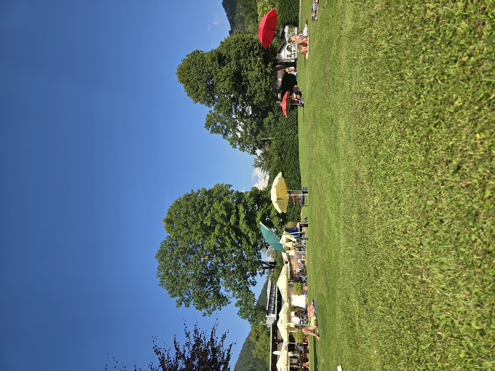 The image depicts a sunny day at a park or recreational area, likely in Garmisch-Partenkirchen, Germany, given the context. A vibrant green lawn stretches across the frame, populated with several people relaxing under the sun.
Scattered across the lawn are various umbrellas, offering shade. Two bright red umbrellas are prominent, one near the top of the image and another lower down. A yellow and white striped umbrella is also visible, along with a green one. People are seen lying on towels, sitting, and generally enjoying a leisurely day outdoors. In the background, there are trees and buildings, with a mountainous landscape visible in the distance, suggesting a scenic location. The clear blue sky indicates fair weather.
There are some glimpses of text on what appear to be umbrellas or awnings, possibly indicating vendors or establishments within the park, but the text is not clearly legible. The overall mood is one of relaxation and enjoyment of a summer day. The orientation of the photo is rotated 90 degrees counter-clockwise.