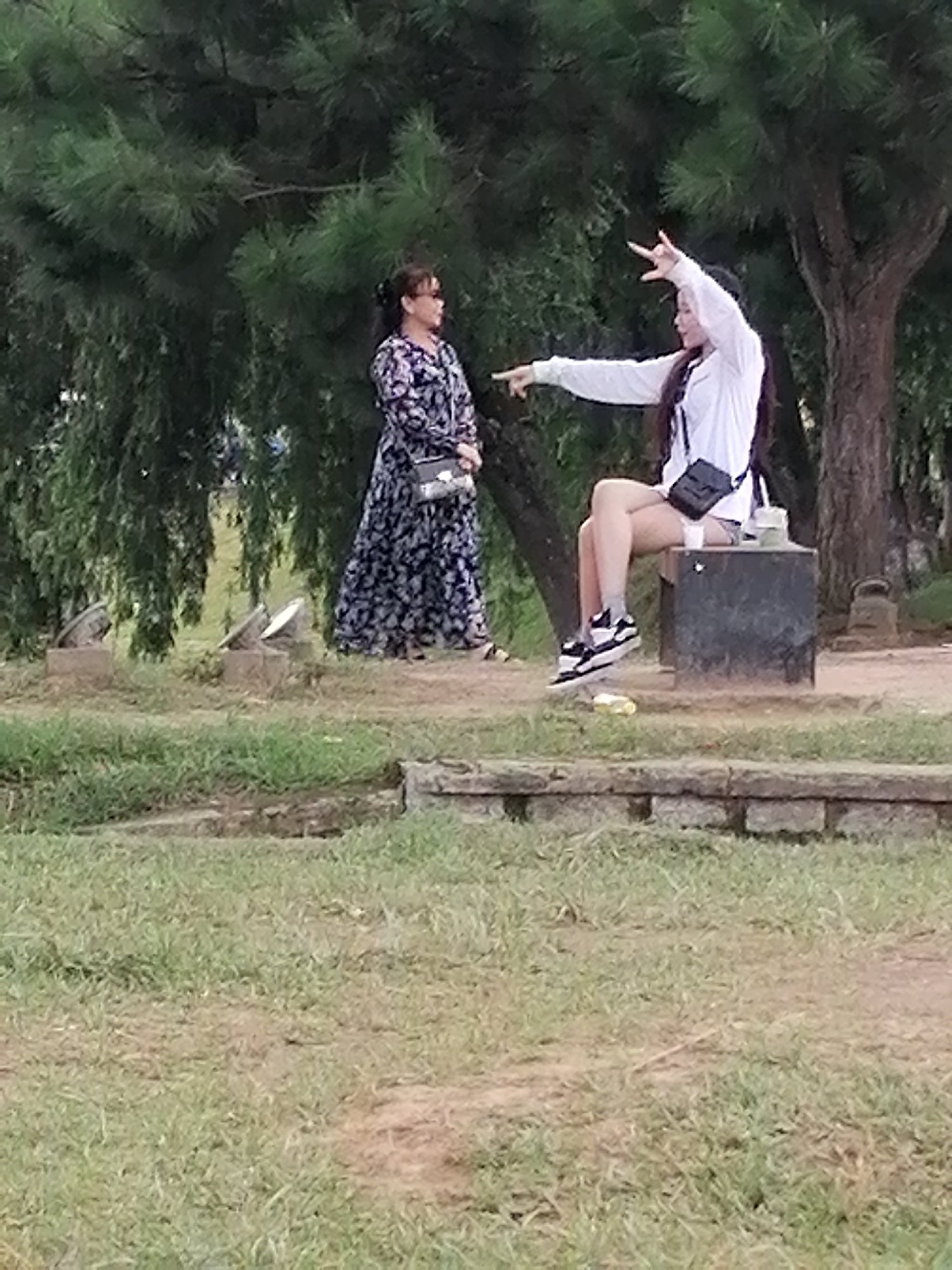 In Da Lat, Vietnam, two women are in a park setting. One woman, on the left, stands and wears a dark dress with a floral pattern and carries a purse. She appears to be looking to her right. The second woman, on the right, sits on a dark, rectangular stone block. She wears a white long-sleeved shirt, shorts, and sneakers, with a black crossbody bag. She is gesturing with her right hand, palm up, and pointing with her left hand. The background is dominated by trees with dense green foliage and a large tree trunk on the right. The ground is covered in grass, with some dirt paths and stone elements visible.