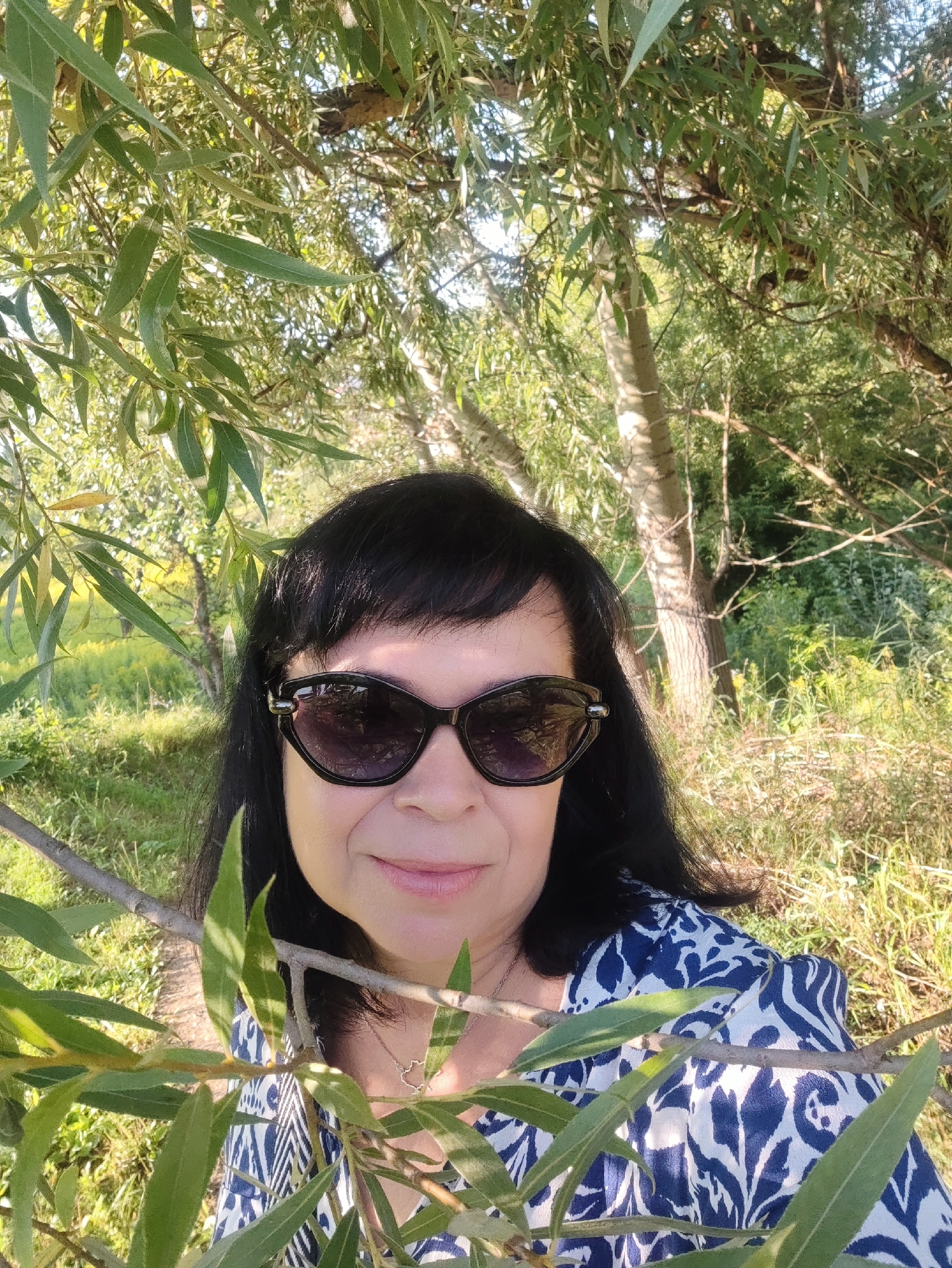 In an outdoor scene, a woman with black hair and bangs, wearing large black sunglasses, a blue and white patterned top, and a silver necklace, is positioned centrally. She is partially obscured by the leaves and branches of a tree in the foreground. The background consists of trees, foliage, and a grassy area, suggesting a park or natural setting. The lighting indicates it is daytime, with sunlight filtering through the trees.