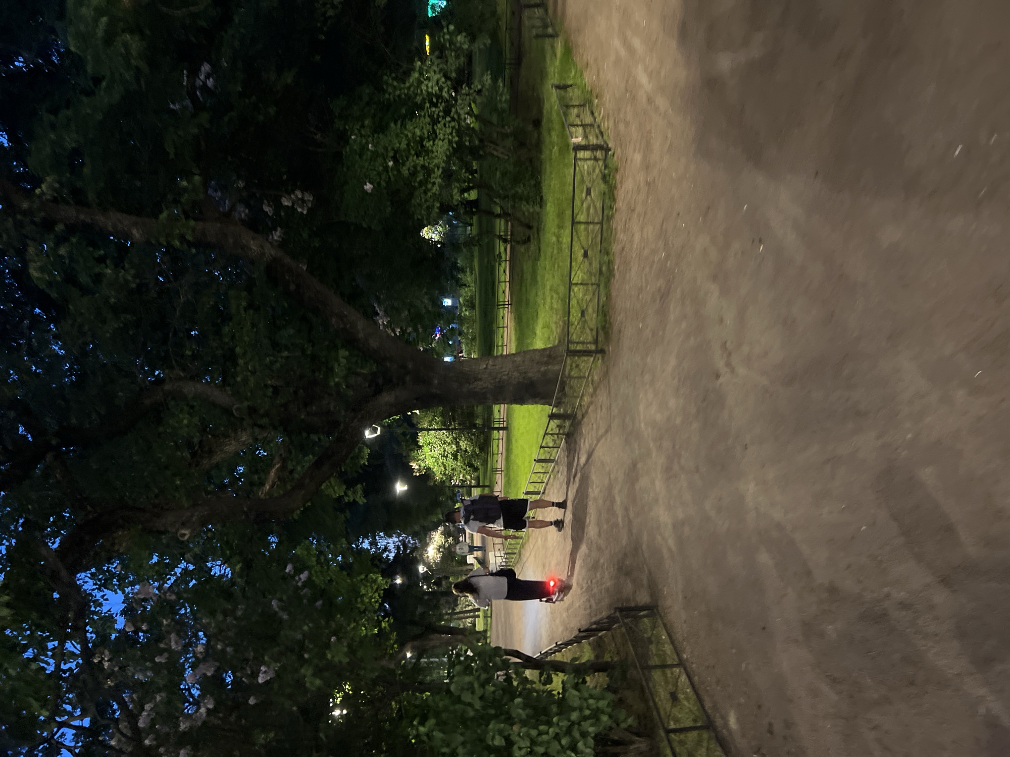 The image depicts a park scene in Saint Petersburg, Russia, during twilight. Two individuals are visible walking on a dirt path. On the left, a woman is riding a red electric scooter, with its taillights illuminated. She is wearing a light-colored top and dark pants, and carrying a dark bag over her shoulder. To her right and slightly behind her, a man is walking. He has dark hair and is wearing a white t-shirt, black shorts, and a backpack. The path is bordered by a low metal fence and lush green trees and grass. Streetlights are visible in the background, casting a warm glow. The sky is a deep blue, indicating the transition from day to night. The overall atmosphere is serene and quiet.