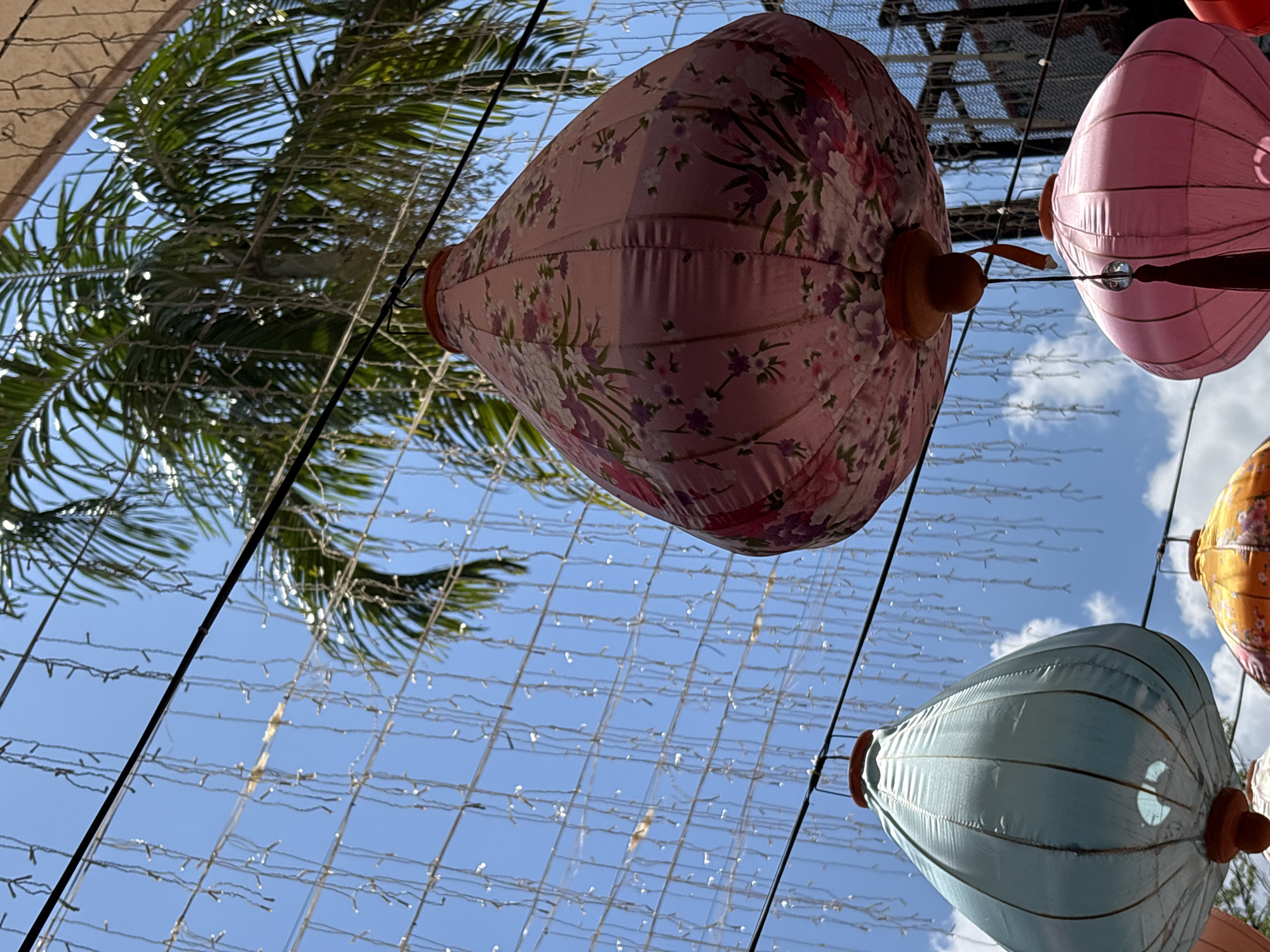 In the city of Choeng Thale, Thailand, an outdoor scene is depicted, focusing on a cluster of colorful lanterns hanging from overhead wires against a bright blue sky. A prominent palm tree with lush green fronds is visible in the background, partially obscured by string lights that drape down like a shimmering curtain.
In the foreground, a large, pink lantern adorned with floral patterns is the most dominant object. To its left, a lighter, teal-colored lantern is also visible, its pleated fabric illuminated by the sun. Below these, a vibrant pink lantern with a tassel hangs, and a portion of an orange lantern with a floral pattern can be seen at the bottom. The lanterns are suspended by thin wires, and some are adorned with decorative elements like tassels or small beads. The overall atmosphere suggests a festive or decorative outdoor setting, possibly a street or market area, given the presence of the overhead lighting and the tropical foliage. There are no people visible in the image.