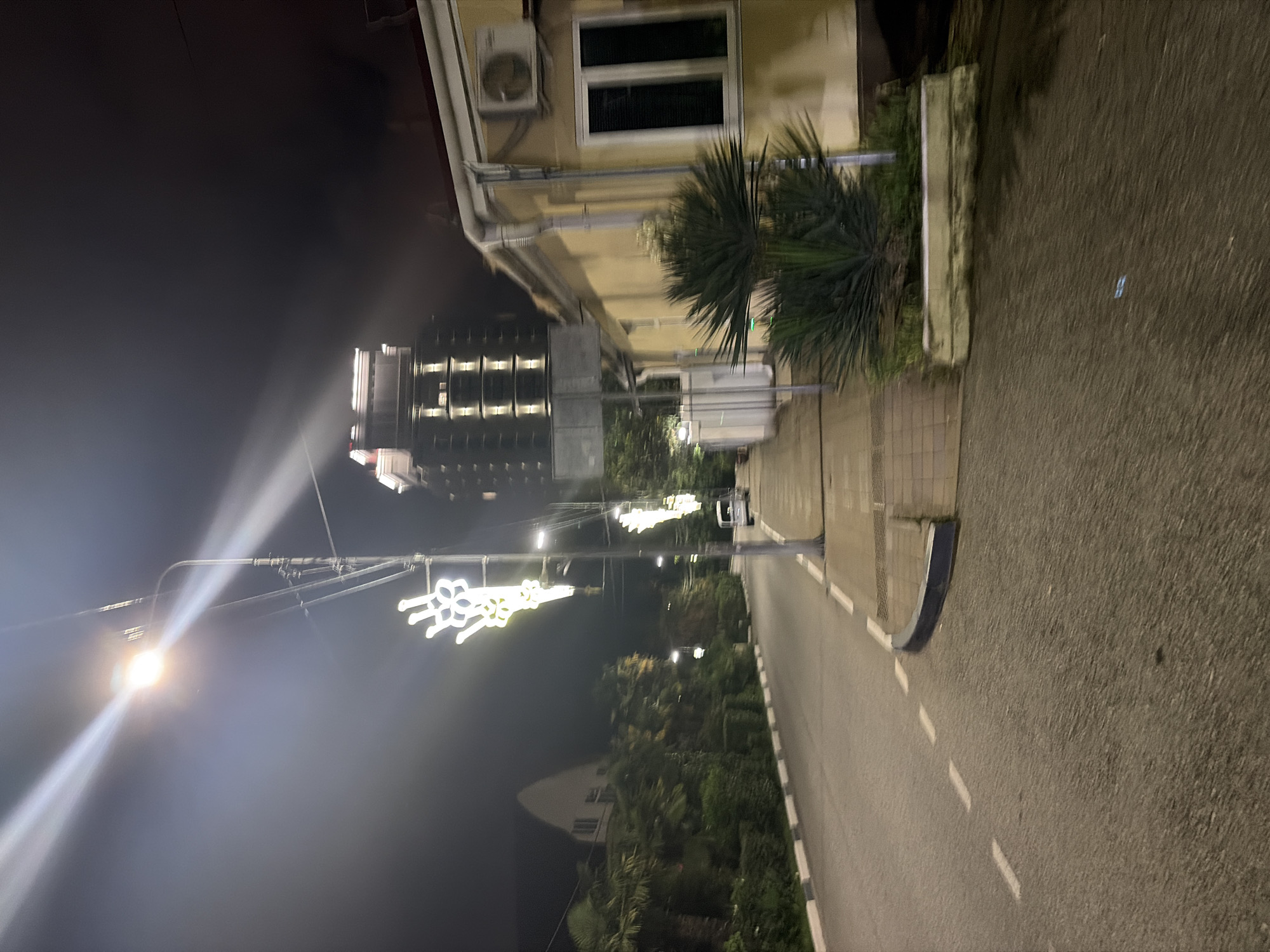 A night-time street scene in Sochi, Russia, features a paved road with white dashed lane markings. On the right side of the road is a sidewalk with decorative lighting fixtures on poles, some of which are illuminated in a floral pattern. Adjacent to the sidewalk is a light yellow building with a white roofline and an air conditioning unit mounted on its exterior. A tall, dark building with illuminated windows is visible behind the yellow building. Palm trees and other greenery line the left side of the road, with a white house visible behind them. A white van is parked on the sidewalk. The scene is dimly lit by streetlights and building lights, creating a somber atmosphere.