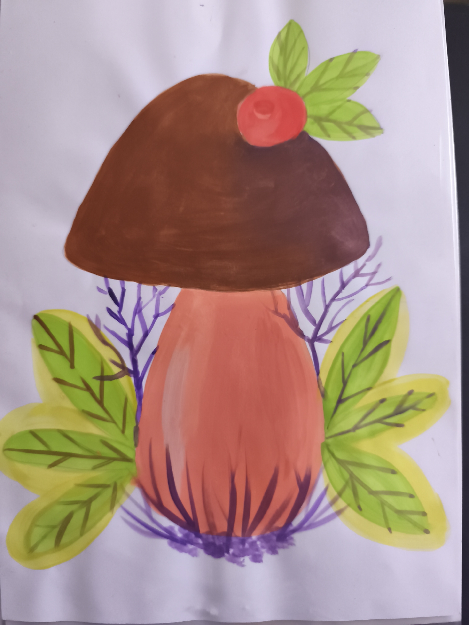 The image is a watercolor painting of a mushroom with decorative elements. The mushroom has a large brown cap and an orange stem. Green leaves with dark veins surround the base of the mushroom, and purple branch-like structures are visible behind the stem. A small red berry or flower is perched on top of the mushroom cap, accompanied by two green leaves. The background is white. The painting is on a white surface, likely paper. This image is not located in Saint-Denis, France.