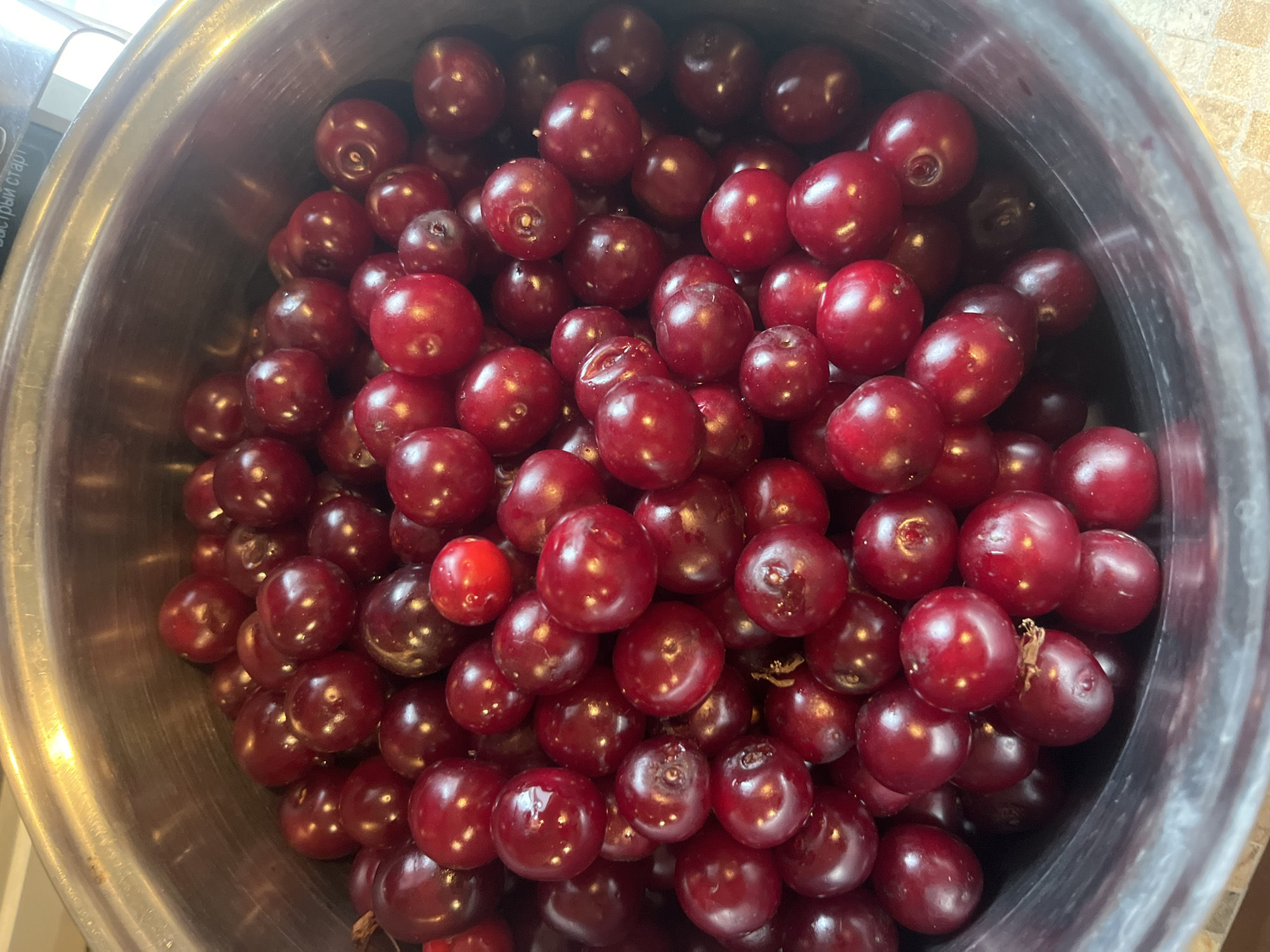 A high-angle, close-up shot displays a large quantity of dark red cherries packed tightly within a metallic bowl. The cherries vary slightly in shade and some exhibit a subtle sheen from the lighting. The bowl appears to be made of stainless steel, reflecting some light from above. The background is out of focus, but suggests an indoor setting with a tiled surface beneath the bowl. There are no people or animals visible in the image. The scene depicts a simple still life of fresh fruit, likely in a kitchen or pantry.