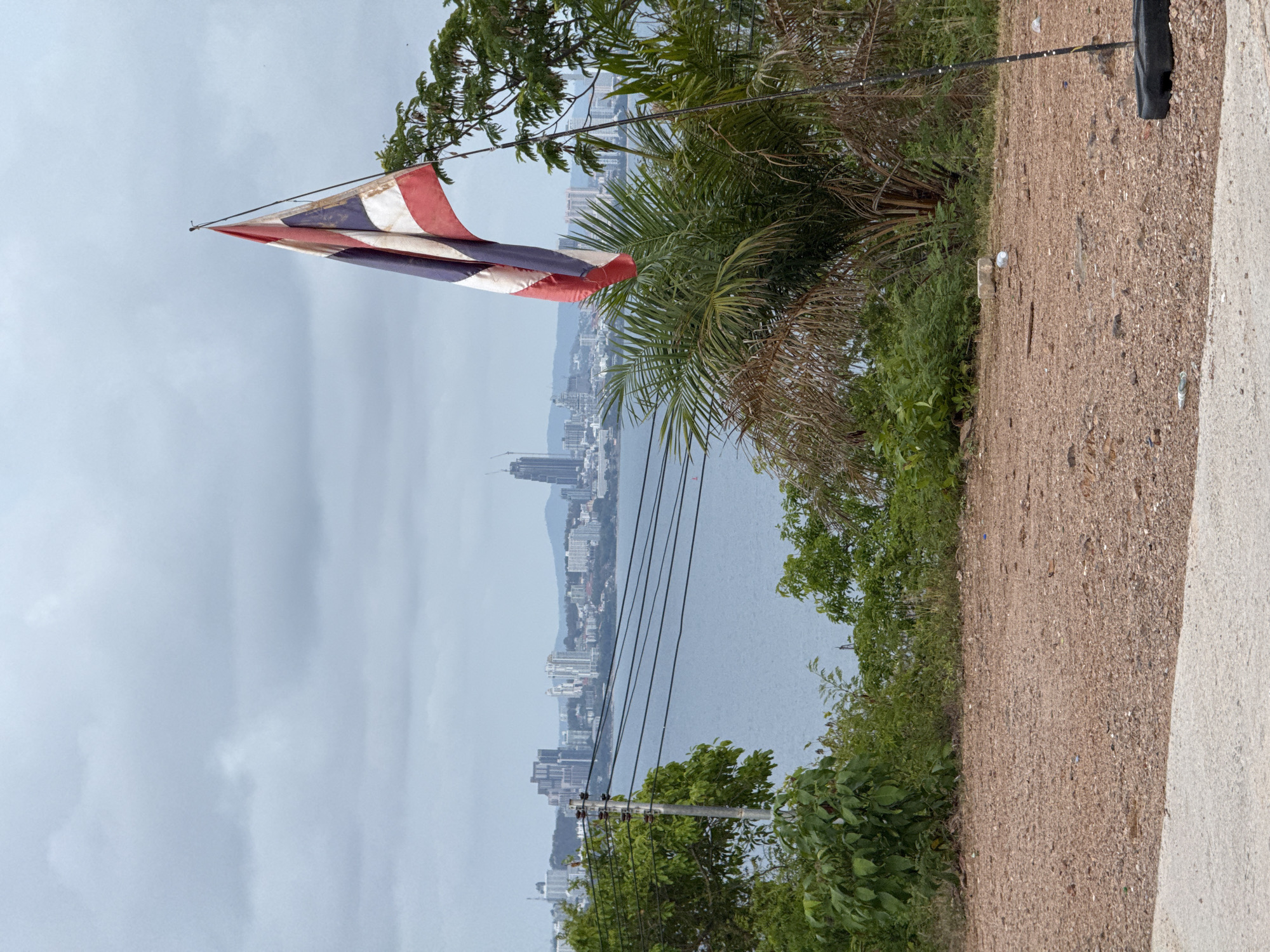 The image shows a coastal view in Pattaya City, Thailand. A Thai flag is prominently displayed on the left side of the frame, with a cityscape visible across the water. The foreground features vegetation and a dirt path, with a concrete edge on the right. The sky is overcast, creating a diffused lighting condition. Power lines are visible in the background, adding to the urban landscape.