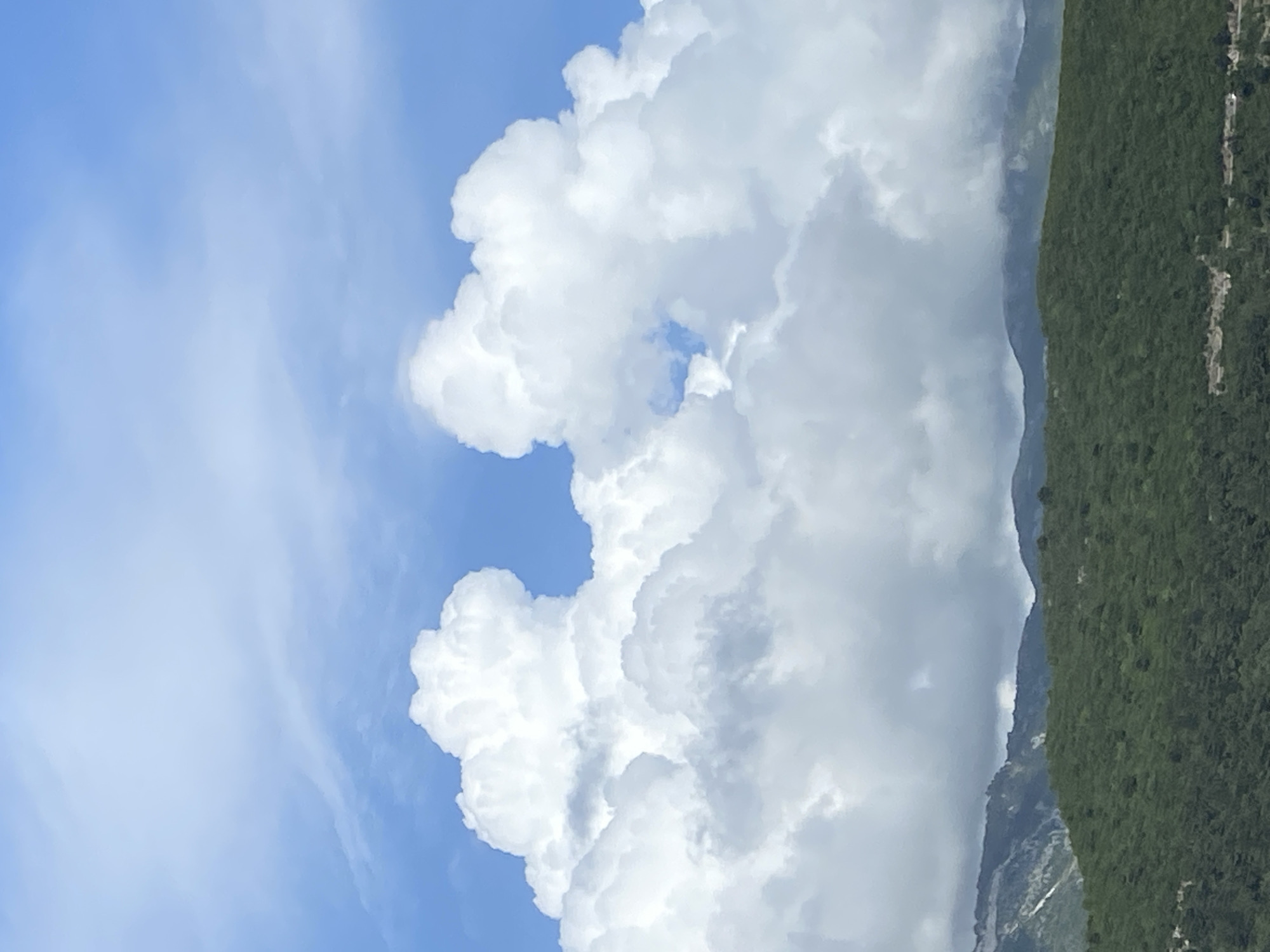 The image shows a landscape with a bright blue sky partially obscured by fluffy white cumulus clouds. The clouds are concentrated in the upper part of the frame and transition into the sky on the left side. On the right side of the image is a steep, green hillside covered in dense vegetation. At the base of the hillside, there is a grey, rocky area. The photo appears to be taken outdoors, with natural light, showcasing the natural environment. It is not possible to ascertain the exact location in Budva, Montenegro from the image. There are no people, actions, or interactions visible.