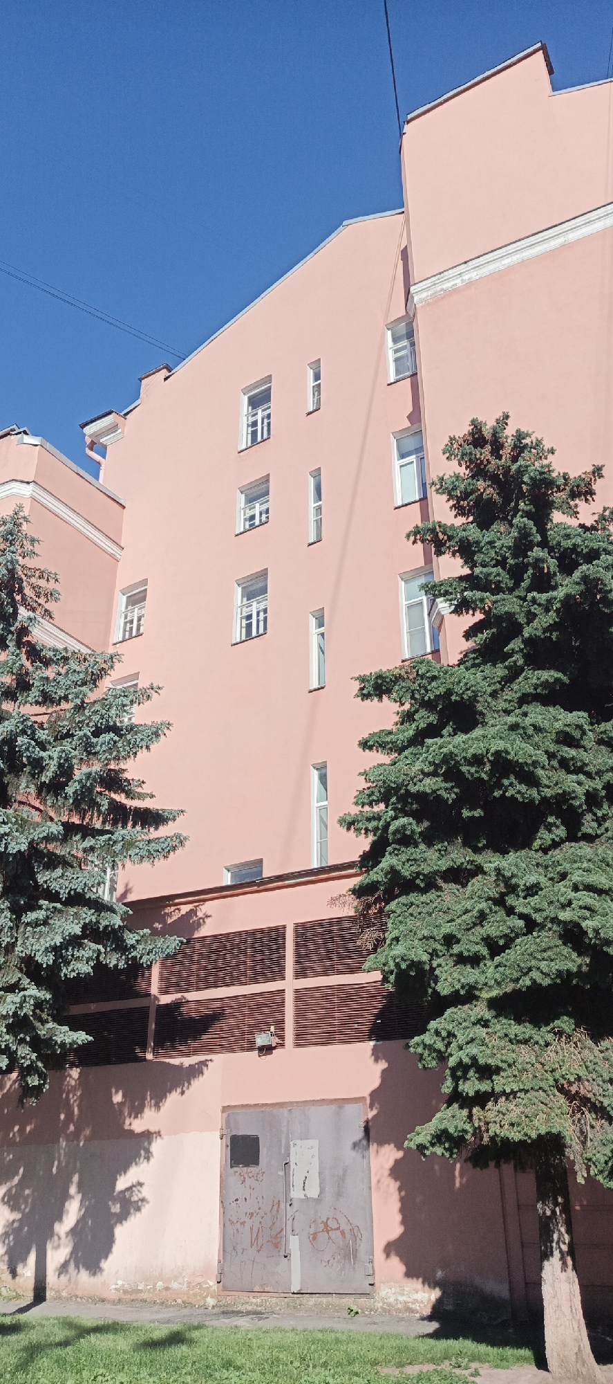The image shows a pink building in Saint Petersburg, Russia. The building has multiple windows and a gray metal door. Two green trees are in front of the building. The sky is blue.