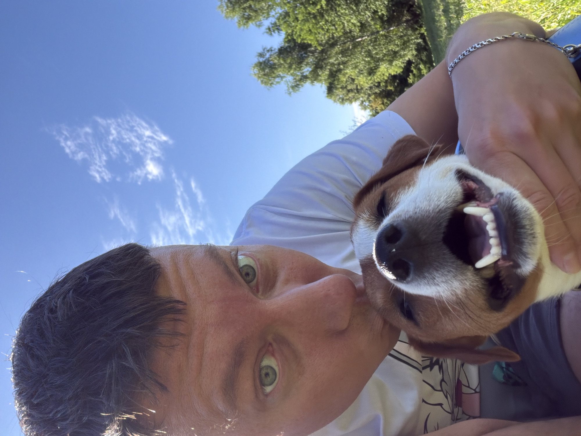 A close-up selfie shows a person kissing the head of a dog. The person has dark hair and light green eyes, and is wearing a white t-shirt. The dog is a small breed with brown and white fur, and its mouth is open in a happy expression. The background is a bright blue sky with some clouds, and lush green trees. The scene appears to be outdoors, possibly in a park. There are no clear indicators of the specific location within Moscow, Russia.