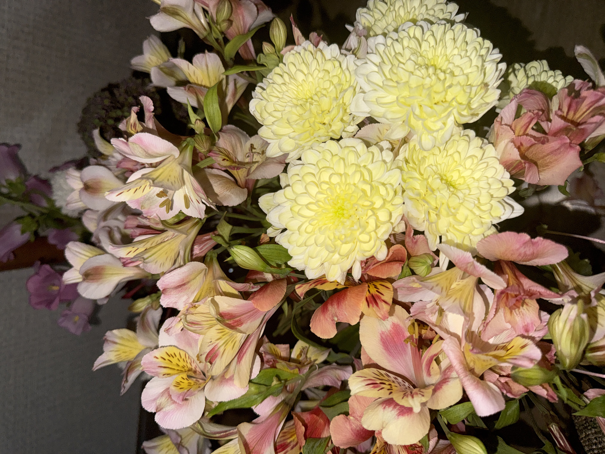 A close-up, vertical, slightly overhead shot shows a dense bouquet of flowers. The flowers are a mix of colors, primarily light pink, peach, and yellow. Several blooms have delicate, elongated petals, while others are spherical with tightly packed, ruffled petals. Green stems and leaves are visible throughout the arrangement, suggesting a natural, garden-fresh appearance. The background is dark and indistinct, hinting at an indoor setting or nighttime photography. There are no people or specific landmarks visible that would indicate a location in Tbilisi, Georgia.