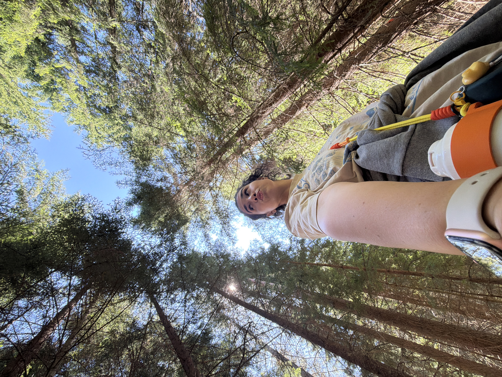 The image is a low-angle, upward-facing shot taken in a forest setting, possibly near Sarnitsa, Bulgaria, indicated by the tall evergreen trees and clear blue sky. A young woman is featured, with her face turned upwards, pouting her lips. She is wearing a light-colored t-shirt and a grey hooded jacket draped over her shoulders. A part of her left arm is visible, with a white smartwatch on her wrist. Several objects are attached to her jacket via a yellow cord with red accents and a carabiner. These include an orange and white water bottle lid and a yellow toy-like object. The sun is visible through the dense canopy of the trees, casting light rays downwards. The environment is characterized by a dense forest with numerous tall, slender evergreen trees reaching towards the sky.