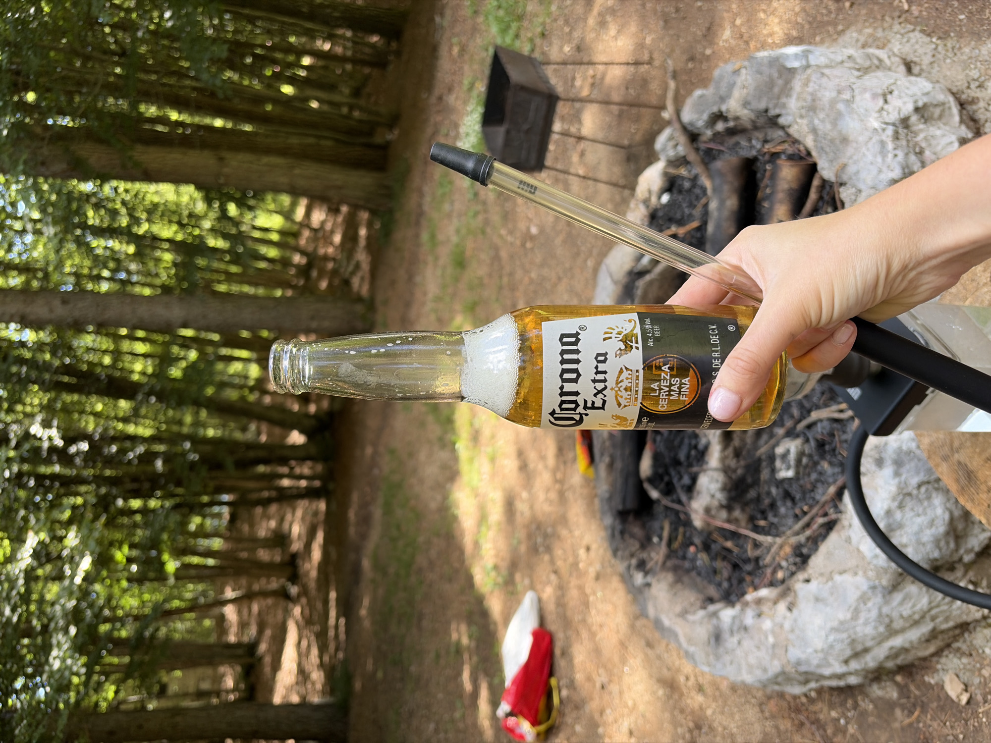 The image depicts an outdoor scene in Mali Bostur, Montenegro. A fair-skinned human hand, positioned in the lower right, holds a clear glass bottle of Corona Extra beer, which contains an amber liquid and a white foam head. The beer bottle's label, featuring "Corona Extra" and "LA CERVEZA MAS FINA," is clearly visible. Simultaneously, the hand holds a transparent glass or acrylic hookah hose with a black silicone mouthpiece, which exhibits the letters "RII" near its upper section. Directly behind the hand and objects, a circular campfire pit constructed from large, grey, irregular stones contains dark ash and several pieces of charred wood. Further in the background, to the right of the campfire pit, a dark, square metal grill stands on four thin legs. The background is dominated by a dense forest with numerous tall trees featuring green foliage. Sunlight filters through the tree canopy, illuminating the dry, earthy ground. A red and white object is partially visible on the ground in the far left background.