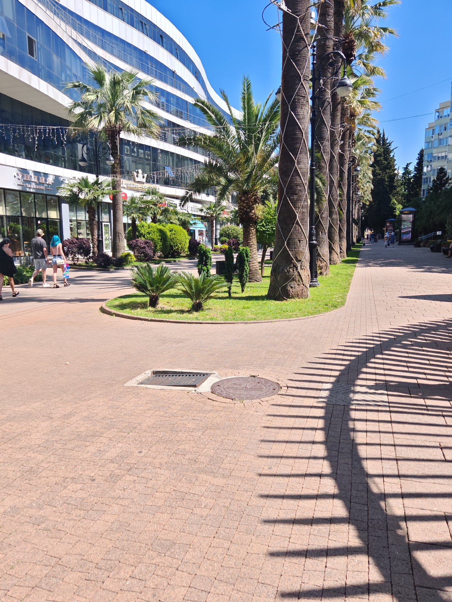 The scene depicts an outdoor pedestrian area or promenade in the city of Unknown, Unknown, under a clear, bright blue sky, indicating strong sunlight, likely mid-day to early afternoon.
To the left, a large, multi-story modern building features a curved facade with alternating horizontal white bands and dark, reflective glass windows. The ground floor houses commercial establishments with partially visible signage, including terms suggesting a "department store" and "souvenirs." Decorative string lights are suspended across the lower facade. In the distant background on the right, a multi-story, light-colored building with multiple windows and balconies is visible.
A prominent row of tall palm trees, their thick trunks wrapped in a light-colored mesh or rope, lines the right side of the pedestrian path. Each palm tree trunk supports a black, ornamental street lamp with a globe-shaped light. Smaller, sago palm-like plants are cultivated within circular grassy plots along the paved area. Various trimmed green shrubs and bushes are arranged in landscaped beds adjacent to the buildings and path. Further down the path on the right, taller, dark green coniferous trees are present.
In the mid-ground, three individuals are walking away from the viewer, moving from left to right across the paved area. The leftmost person wears a black top and shorts. The central figure is a man in a grey t-shirt, shorts, and a baseball cap. The person to his right has distinctive bright blue hair and wears a light-colored tank top and shorts, carrying a white bag. Several other individuals are visible walking in the distance along the path on the right.
The ground is paved with light reddish-brown rectangular pavers. A square metal storm drain grate with parallel bars is set into the pavement near the bottom center. Adjacent to it, a circular metal manhole cover with an embossed star emblem and illegible text is visible. Distinct, parallel shadows, consistent with an overhead structure like a pergola, are cast across the right side of the paved path. Two dark-colored informational kiosks or display stands are positioned further along the path on the right.