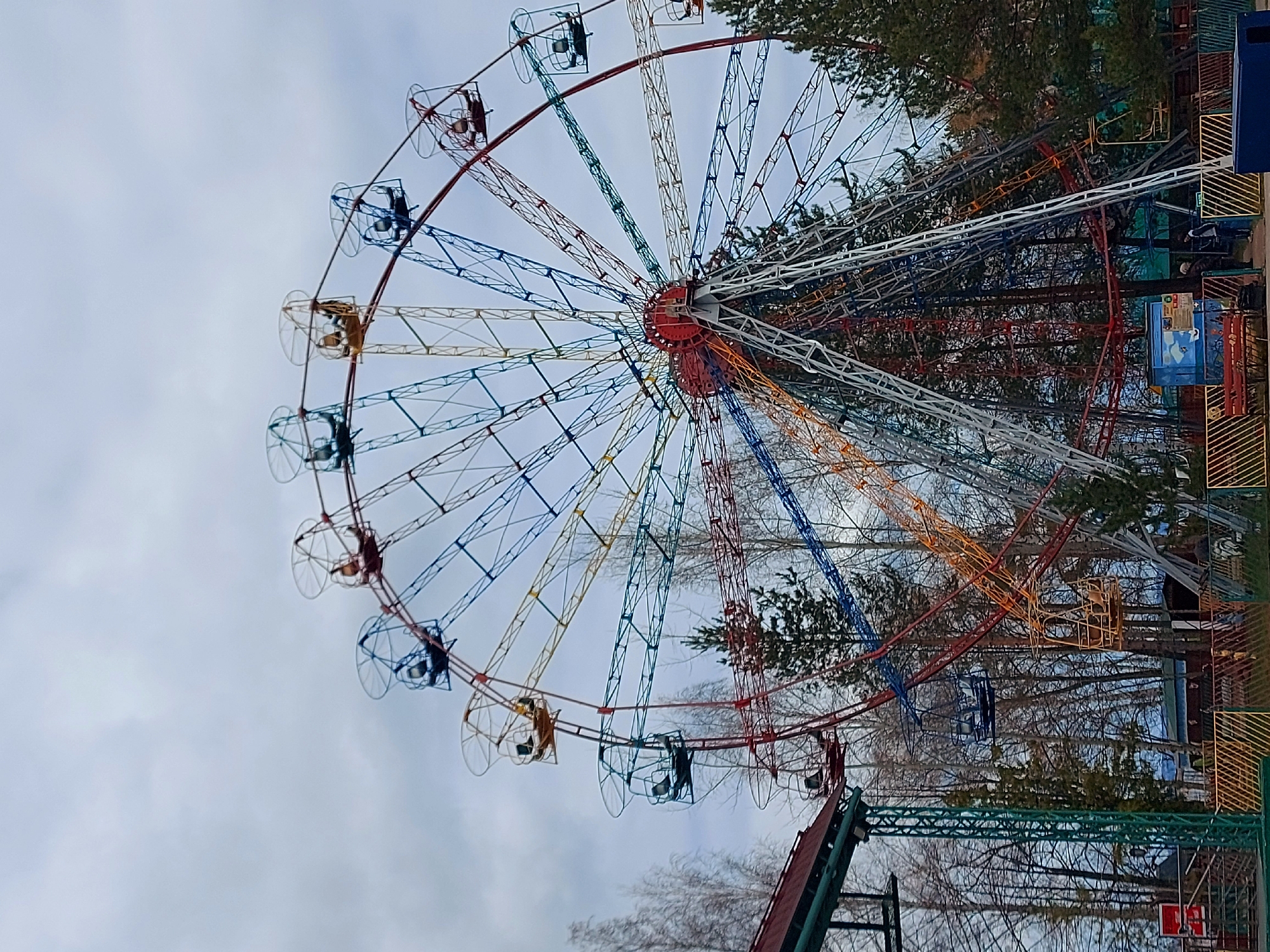 The image depicts a Ferris wheel in Chaikovsky, Russia. The Ferris wheel is large and colorful, with red, blue, yellow, and white sections. It has multiple passenger cars, some occupied. The Ferris wheel is situated in a park-like area with trees and some park structures. The sky is overcast.