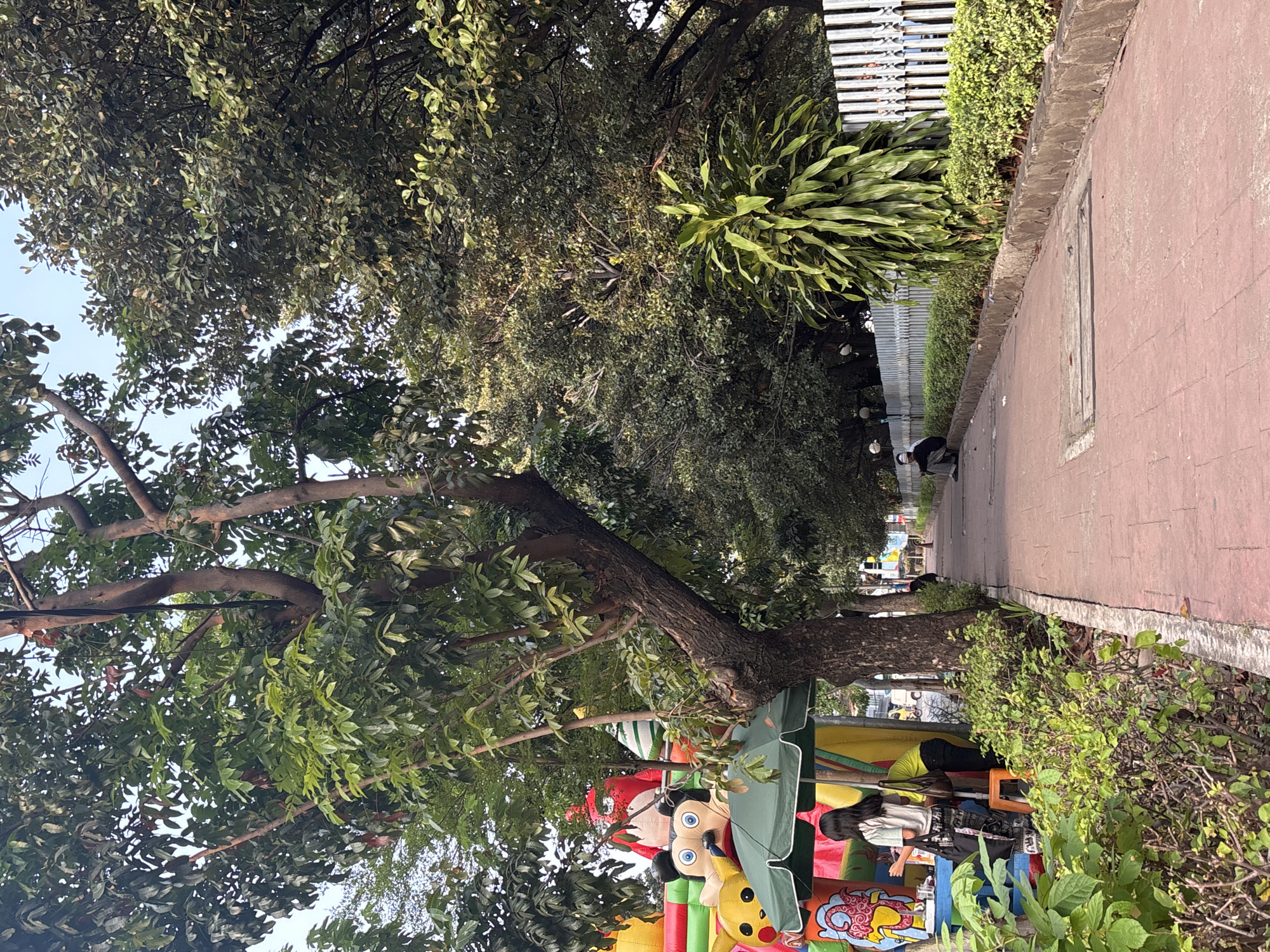 A pedestrian walkway paved with red interlocking bricks runs alongside a line of lush green bushes and a white picket fence. On the left side of the walkway, a colorful inflatable playground with cartoon characters like Mickey Mouse is visible, along with a green umbrella-covered stall. A young woman with long dark hair, wearing a light-colored t-shirt and patterned pants, stands at the stall. Another person in a yellow shirt is partially visible behind her. Further down the walkway, a person wearing dark clothing is seated on the ground. Mature trees with dense foliage line the left side of the scene, casting shadows. The background suggests an urban environment, consistent with West Jakarta, Indonesia, characterized by a mix of greenery and paved areas. The lighting indicates it is daytime.