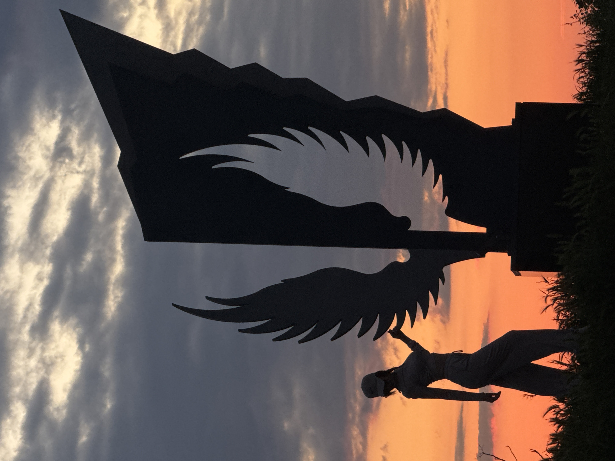 The image depicts a silhouette of a person standing near a metal monument in Varna, Bulgaria, at sunset. The monument is a large, abstract metal sculpture, featuring a prominent blade-like shape at the top, resembling a saw with angular "teeth." The sculpture also incorporates stylized, cutout wings.
The person appears to be standing on the ground, likely at the base of the monument. The background sky transitions from a gray with clouds on the left to a warm orange hue on the right, indicating sunset. Vegetation borders the right edge of the frame.