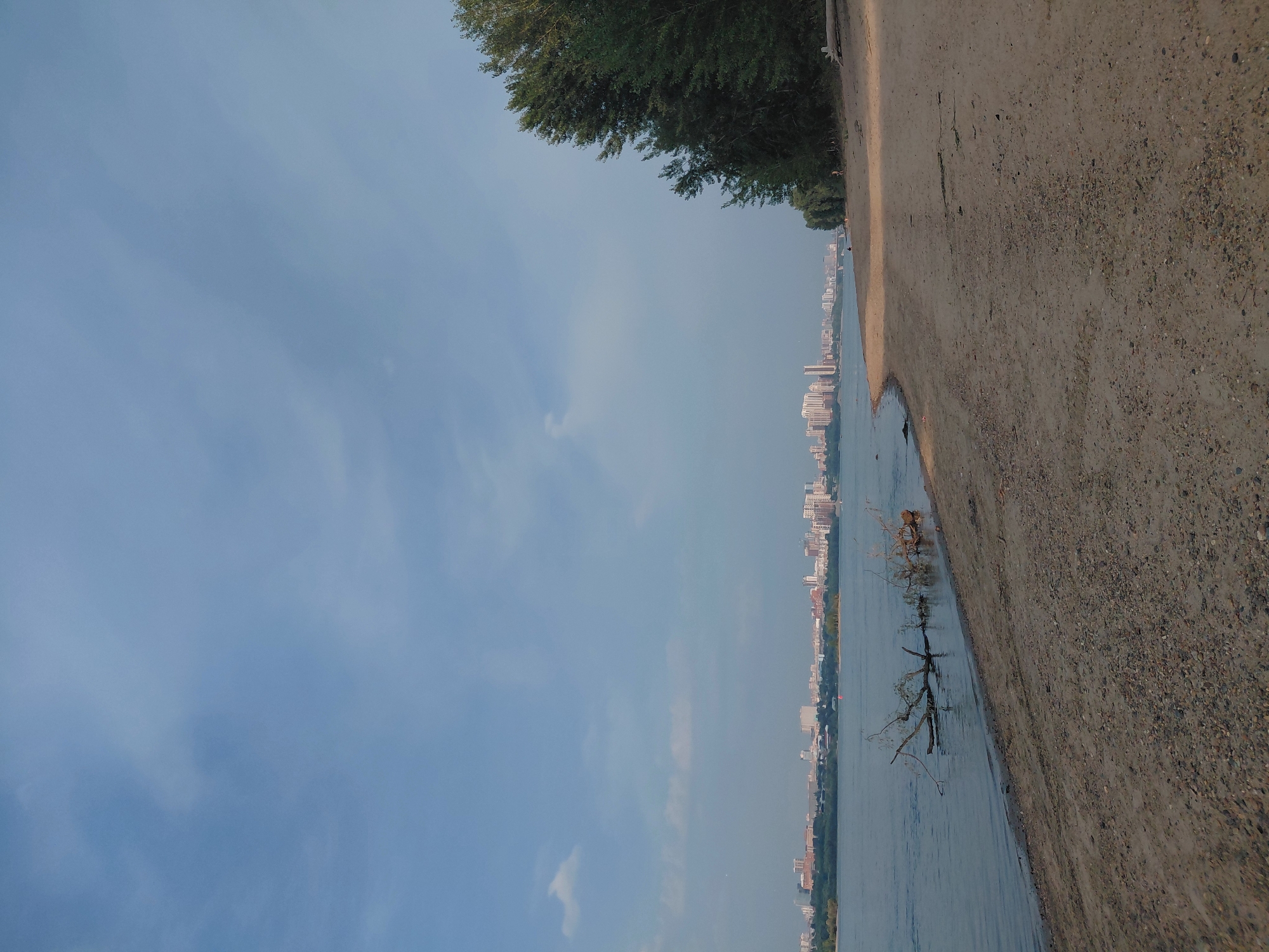 The image depicts a serene scene of a sandy riverbank with a city skyline in the distance. The river occupies the left half of the frame, its surface reflecting the pale blue sky. In the foreground of the river, a partially submerged fallen tree rests, its branches extending into the water. The riverbank, composed of sand and small pebbles, stretches across the right side of the image. A line of lush green trees borders the riverbank on the far right. The city skyline, featuring numerous buildings and a bridge, is visible across the river, likely representing the city of Novosibirsk, Russia. The sky is a soft blue with scattered clouds, suggesting fair weather. There are no people clearly visible in the immediate foreground of the riverbank, though a few distant figures are faintly discernible near the treeline on the right. The overall atmosphere is peaceful and tranquil.