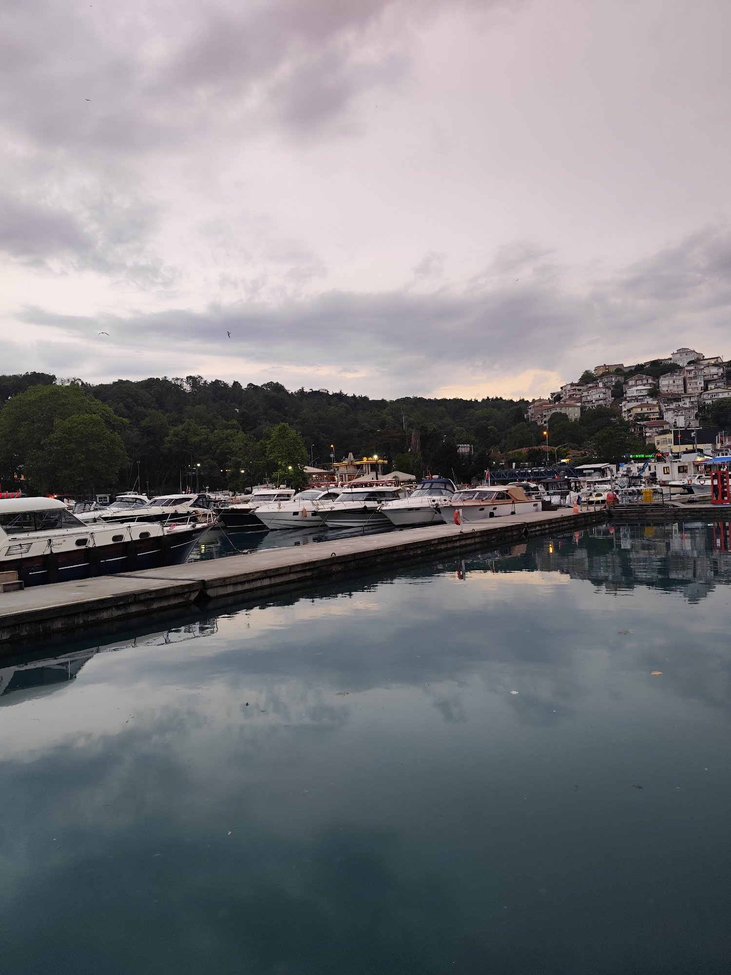 The image depicts a marina in Sarıyer, Turkey. Multiple boats are docked along a concrete pier. The water reflects the sky, which is overcast with grey and white clouds. In the background, a hillside is visible, covered with trees and buildings. Some people can be seen near the boats, but they are not distinctly visible. The atmosphere appears calm and still.