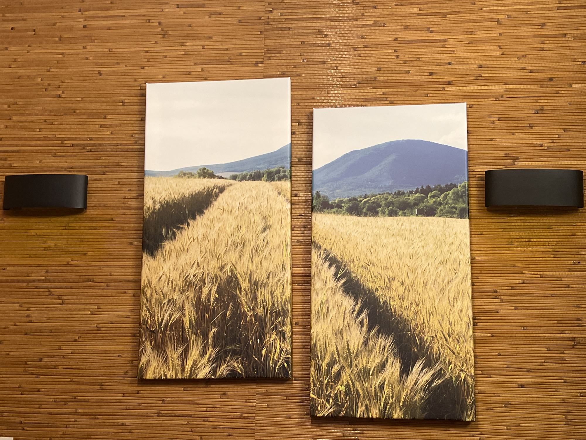 The image shows two landscape paintings hanging on a bamboo-textured wall. The paintings depict fields of wheat with mountains in the background. On either side of the paintings are dark, rectangular sconces. The overall setting suggests an interior space, possibly a home or office, with a decorative wall treatment. There is no indication of a location in Yekaterinburg, Russia, or any information to suggest a specific city or region.
