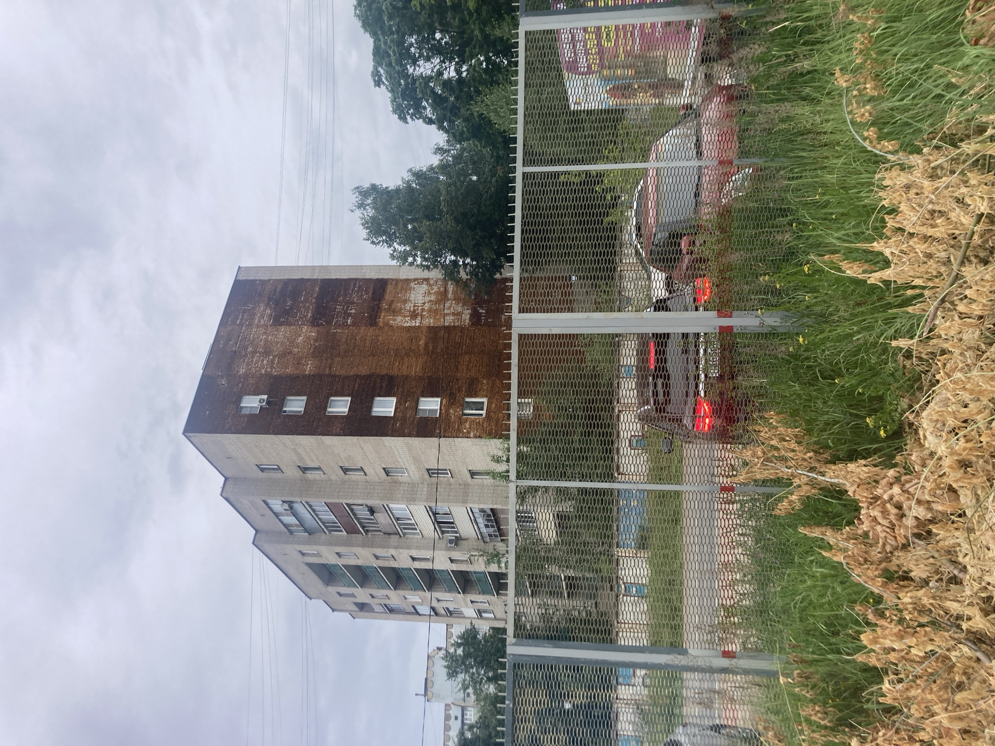 The image depicts a street scene in Monino, Russia, under an overcast sky. In the background, a multi-story apartment building constructed with light-colored bricks and a section of dark brick is visible. The building has multiple floors with balconies and windows, and some of its windows are lit. In the middle ground, a metal mesh fence runs horizontally across the frame. Behind the fence, the rear of a red car with illuminated taillights is partially visible, suggesting it is stopped or moving slowly. The foreground is dominated by tall, dry grass and dead branches. The overall environment suggests a suburban or urban setting with residential buildings and vegetation.
