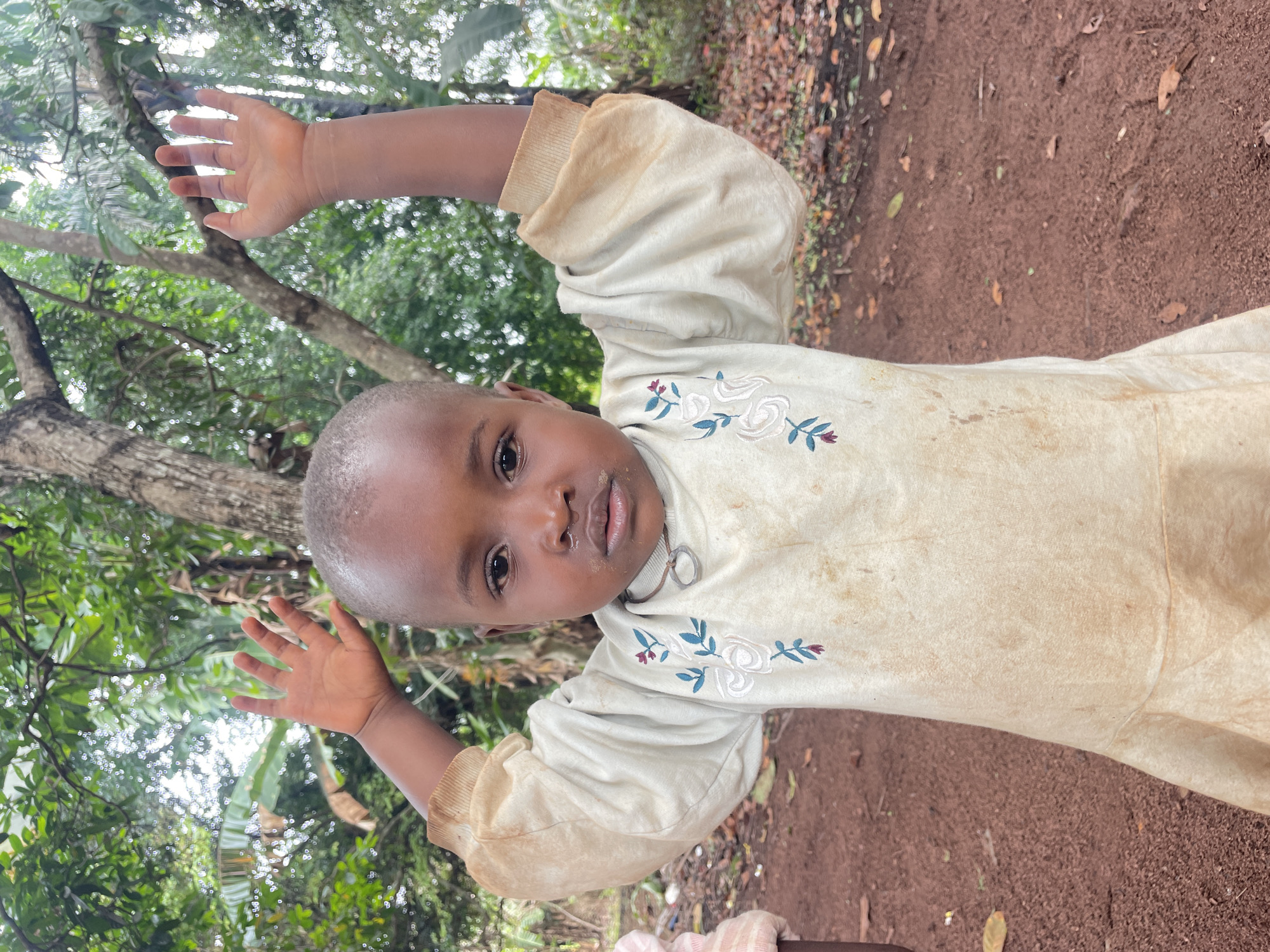 A young child with dark skin and short hair stands outdoors, facing the camera. The child has both arms raised and hands open. The child is wearing a light-colored, long-sleeved shirt with an embroidered floral design on the chest. The background consists of trees with green foliage and a path made of reddish-brown soil. The location is Ogbe, Nigeria.