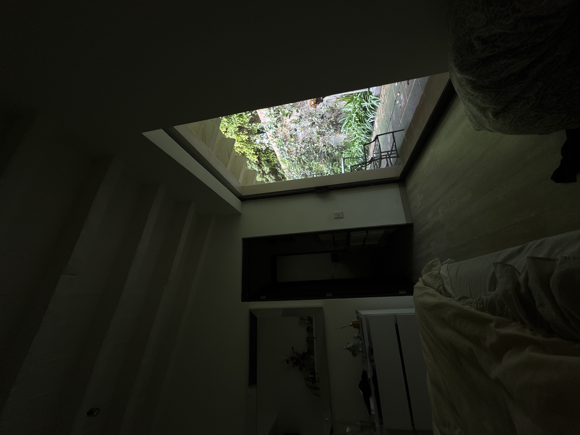 View from below looking up into a skylight of what appears to be a private garden in Mexico City, Mexico. Through the skylight, garden vegetation, a black wrought-iron chair, and light-colored concrete pavers are visible. The interior space is dimly lit, with a bed, a television mounted on the wall, and what might be closet doors. The interior walls are painted white.