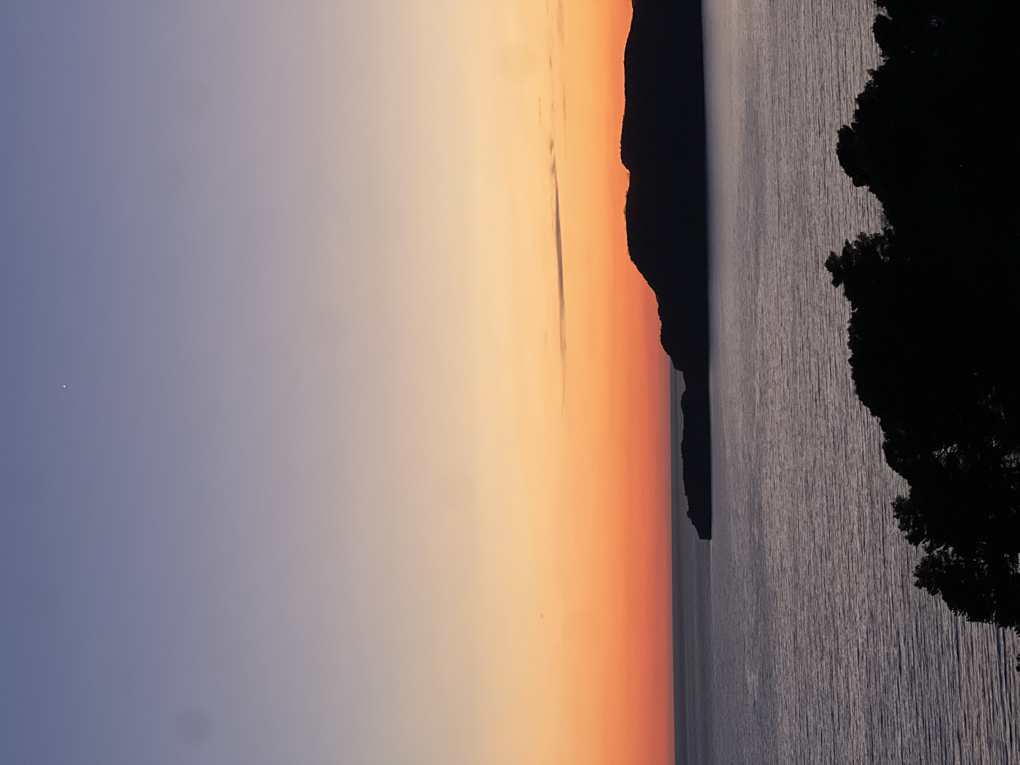 The image depicts a sunset over the Adriatic Sea, likely taken near Sveti Stefan, Montenegro. The sky transitions from a deep violet on the left to orange near the horizon. A dark, silhouetted landmass, possibly a peninsula or island, is visible, extending from the top of the frame towards the middle. The sea's surface reflects the fading light. On the right edge of the frame, a dark, unidentifiable cluster of tree branches are silhouetted against the water. The lighting indicates either dusk or dawn.